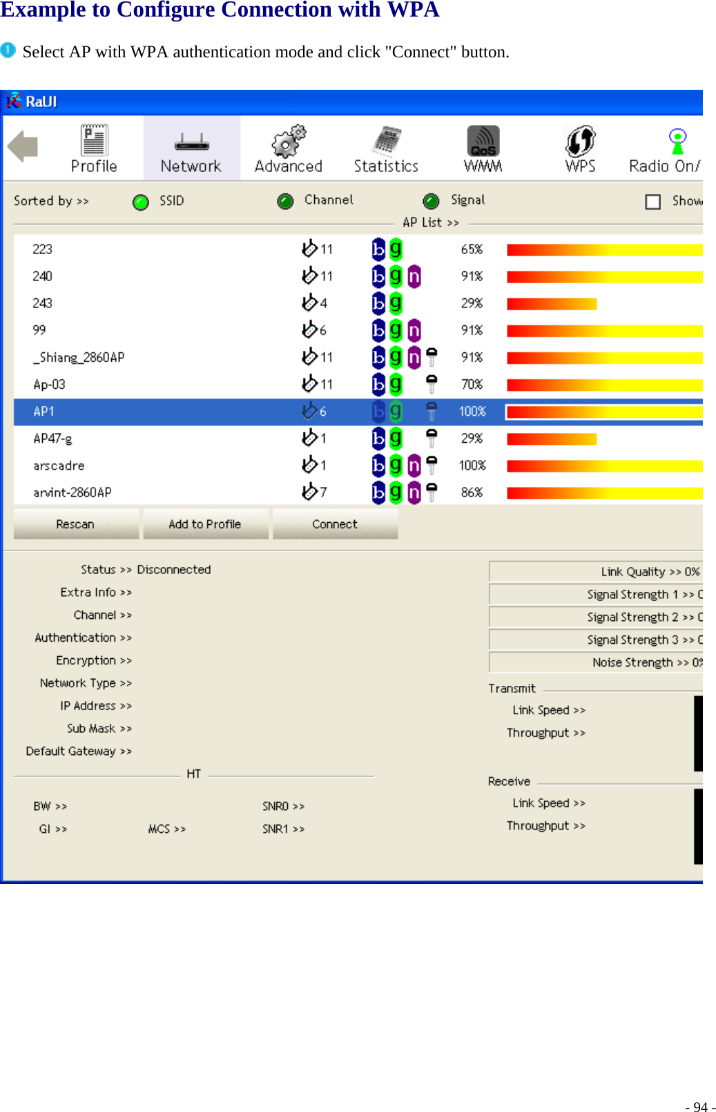 Example to Configure Connection with WPA   Select AP with WPA authentication mode and click &quot;Connect&quot; button.        - 94 -