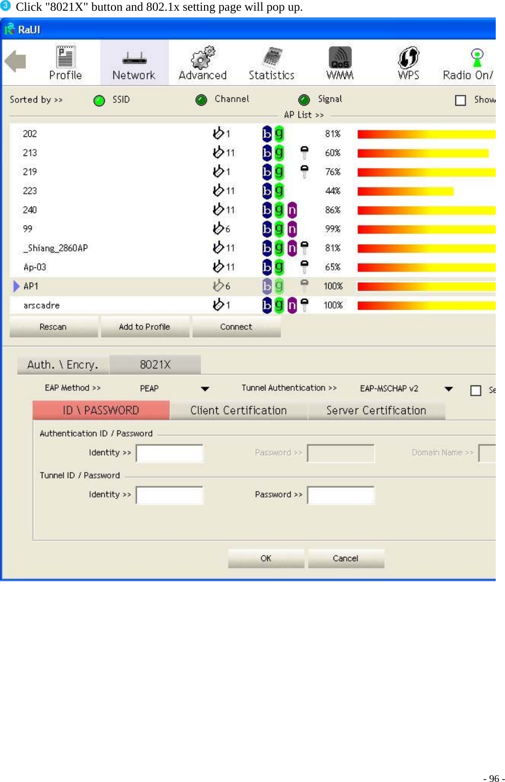   Click &quot;8021X&quot; button and 802.1x setting page will pop up.      - 96 -