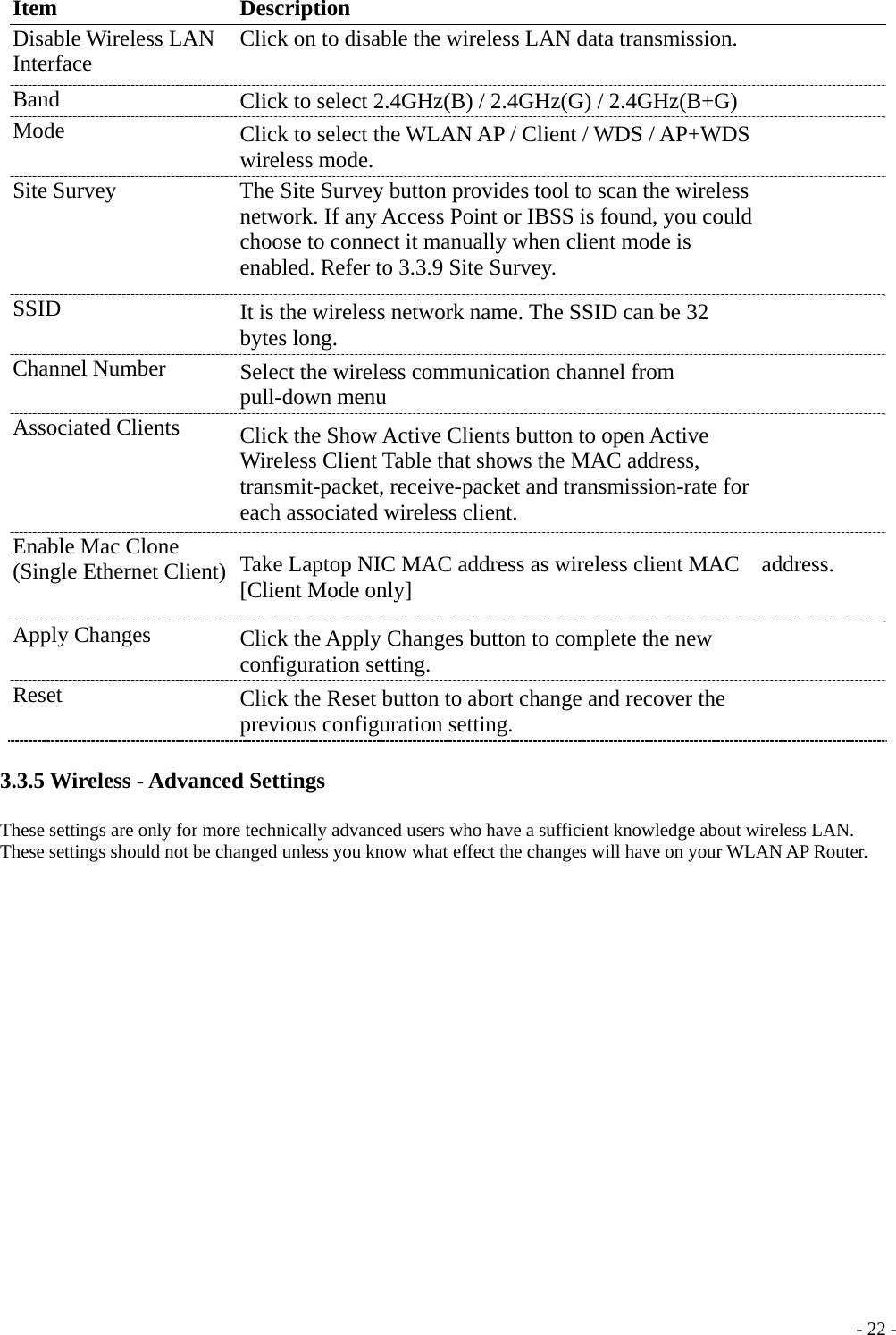  Item Description Disable Wireless LAN Interface  Click on to disable the wireless LAN data transmission. Band  Click to select 2.4GHz(B) / 2.4GHz(G) / 2.4GHz(B+G) Mode  Click to select the WLAN AP / Client / WDS / AP+WDS wireless mode. Site Survey  The Site Survey button provides tool to scan the wireless network. If any Access Point or IBSS is found, you could choose to connect it manually when client mode is enabled. Refer to 3.3.9 Site Survey. SSID  It is the wireless network name. The SSID can be 32 bytes long. Channel Number  Select the wireless communication channel from pull-down menu Associated Clients  Click the Show Active Clients button to open Active Wireless Client Table that shows the MAC address, transmit-packet, receive-packet and transmission-rate for each associated wireless client. Enable Mac Clone   (Single Ethernet Client) Take Laptop NIC MAC address as wireless client MAC    address. [Client Mode only] Apply Changes  Click the Apply Changes button to complete the new configuration setting. Reset  Click the Reset button to abort change and recover the previous configuration setting. 3.3.5 Wireless - Advanced Settings These settings are only for more technically advanced users who have a sufficient knowledge about wireless LAN. These settings should not be changed unless you know what effect the changes will have on your WLAN AP Router.  - 22 -