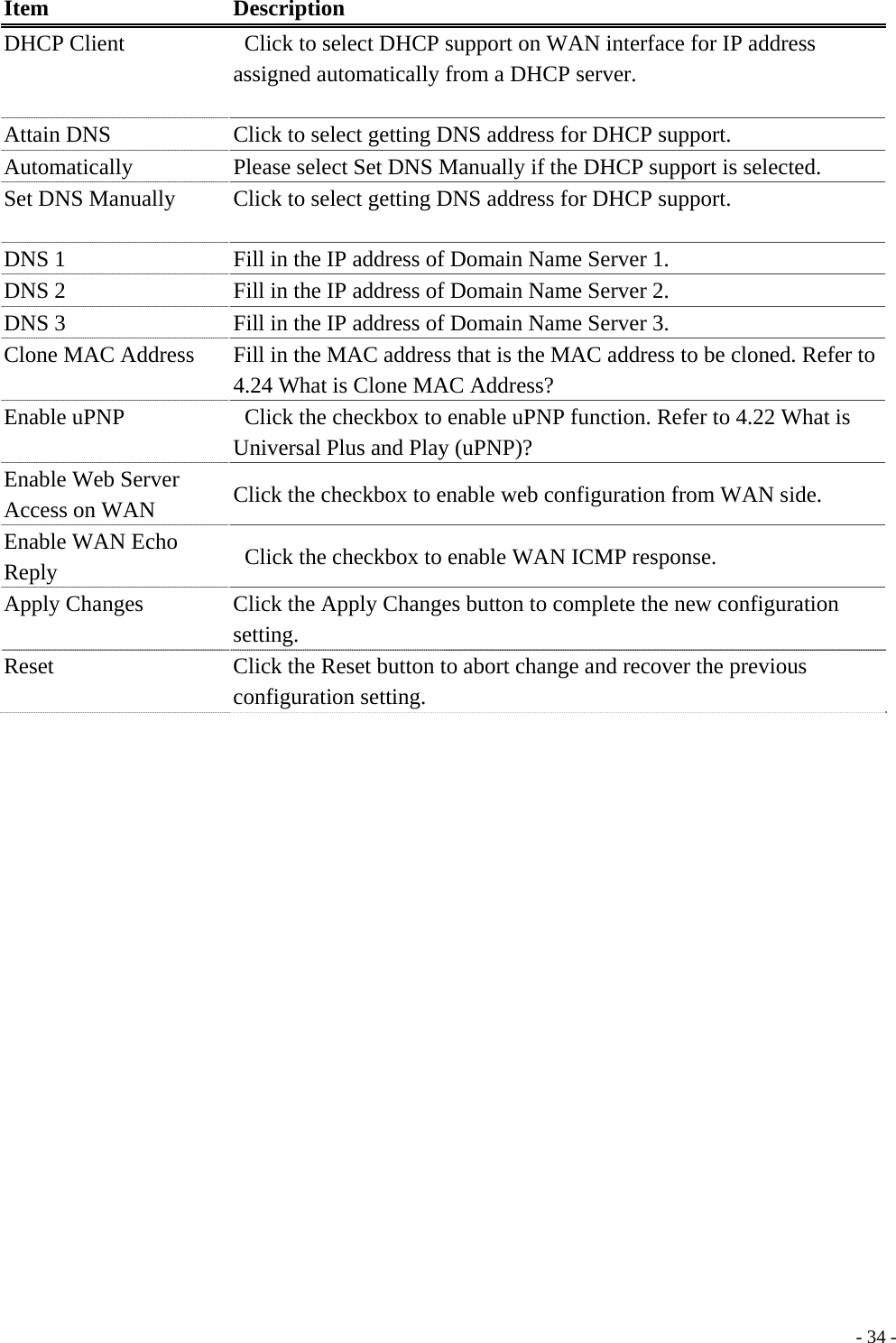  Item Description DHCP Client      Click to select DHCP support on WAN interface for IP address assigned automatically from a DHCP server. Attain DNS    Click to select getting DNS address for DHCP support. Automatically  Please select Set DNS Manually if the DHCP support is selected. Set DNS Manually  Click to select getting DNS address for DHCP support. DNS 1  Fill in the IP address of Domain Name Server 1. DNS 2  Fill in the IP address of Domain Name Server 2. DNS 3  Fill in the IP address of Domain Name Server 3. Clone MAC Address    Fill in the MAC address that is the MAC address to be cloned. Refer to 4.24 What is Clone MAC Address? Enable uPNP    Click the checkbox to enable uPNP function. Refer to 4.22 What is Universal Plus and Play (uPNP)? Enable Web Server Access on WAN  Click the checkbox to enable web configuration from WAN side. Enable WAN Echo Reply    Click the checkbox to enable WAN ICMP response. Apply Changes      Click the Apply Changes button to complete the new configuration setting. Reset  Click the Reset button to abort change and recover the previous configuration setting.   - 34 -