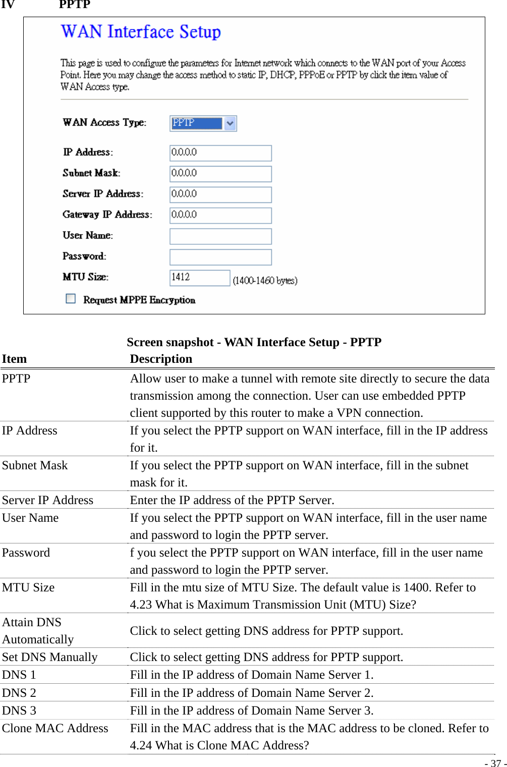 IV       PPTP  Screen snapshot - WAN Interface Setup - PPTP Item Description PPTP  Allow user to make a tunnel with remote site directly to secure the data transmission among the connection. User can use embedded PPTP client supported by this router to make a VPN connection. IP Address    If you select the PPTP support on WAN interface, fill in the IP address for it. Subnet Mask    If you select the PPTP support on WAN interface, fill in the subnet mask for it. Server IP Address  Enter the IP address of the PPTP Server. User Name  If you select the PPTP support on WAN interface, fill in the user name and password to login the PPTP server. Password  f you select the PPTP support on WAN interface, fill in the user name and password to login the PPTP server. MTU Size  Fill in the mtu size of MTU Size. The default value is 1400. Refer to 4.23 What is Maximum Transmission Unit (MTU) Size? Attain DNS Automatically  Click to select getting DNS address for PPTP support. Set DNS Manually  Click to select getting DNS address for PPTP support. DNS 1  Fill in the IP address of Domain Name Server 1. DNS 2  Fill in the IP address of Domain Name Server 2. DNS 3  Fill in the IP address of Domain Name Server 3. Clone MAC Address    Fill in the MAC address that is the MAC address to be cloned. Refer to 4.24 What is Clone MAC Address?  - 37 -