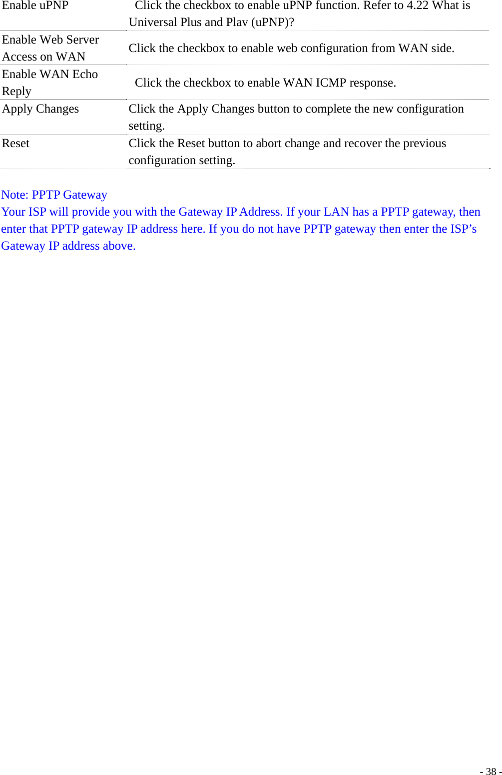 Enable uPNP    Click the checkbox to enable uPNP function. Refer to 4.22 What is Universal Plus and Plav (uPNP)? Enable Web Server Access on WAN  Click the checkbox to enable web configuration from WAN side. Enable WAN Echo Reply    Click the checkbox to enable WAN ICMP response. Apply Changes      Click the Apply Changes button to complete the new configuration setting. Reset  Click the Reset button to abort change and recover the previous configuration setting.  Note: PPTP Gateway Your ISP will provide you with the Gateway IP Address. If your LAN has a PPTP gateway, then enter that PPTP gateway IP address here. If you do not have PPTP gateway then enter the ISP’s Gateway IP address above.   - 38 -