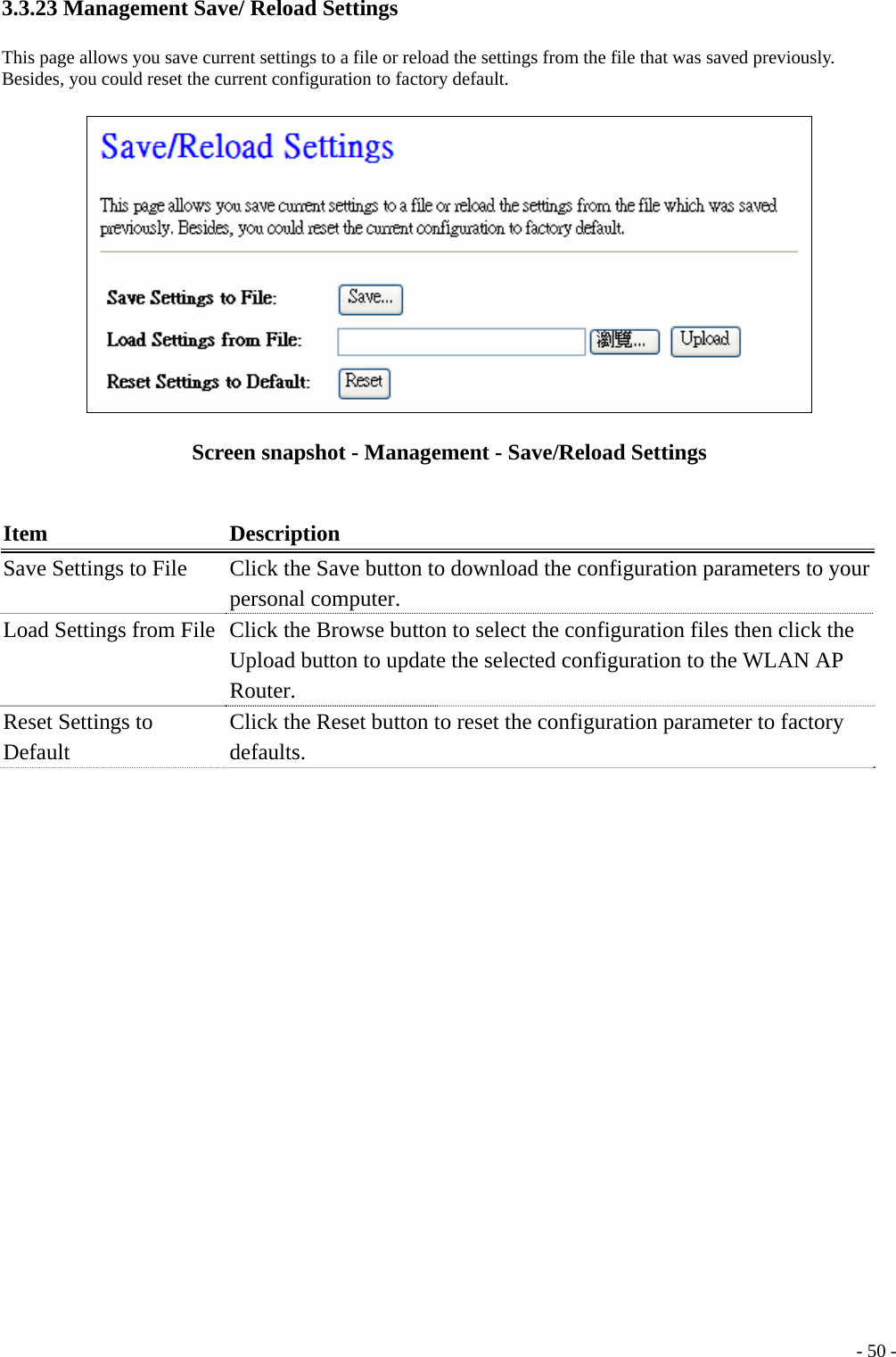 3.3.23 Management Save/ Reload Settings This page allows you save current settings to a file or reload the settings from the file that was saved previously. Besides, you could reset the current configuration to factory default.  Screen snapshot - Management - Save/Reload Settings  Item Description Save Settings to File  Click the Save button to download the configuration parameters to your personal computer. Load Settings from File  Click the Browse button to select the configuration files then click the Upload button to update the selected configuration to the WLAN AP Router. Reset Settings to Default   Click the Reset button to reset the configuration parameter to factory defaults.    - 50 -