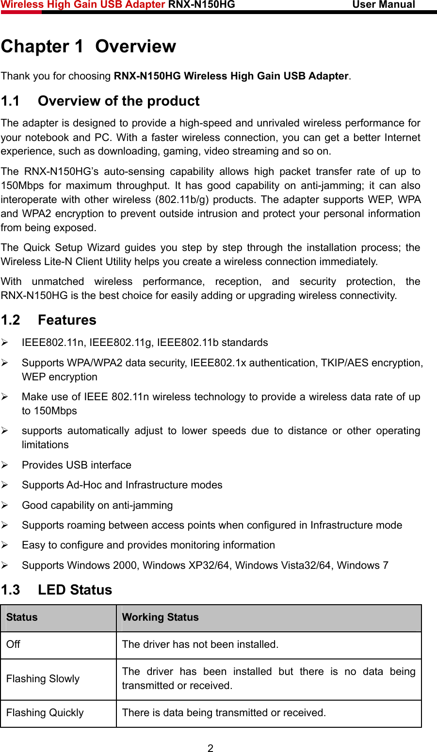 Wireless High Gain USB Adapter RNX-N150HG                      User Manual   Chapter 1  Overview Thank you for choosing RNX-N150HG Wireless High Gain USB Adapter. 1.1  Overview of the product The adapter is designed to provide a high-speed and unrivaled wireless performance for your notebook and PC. With a faster wireless connection, you can get a better Internet experience, such as downloading, gaming, video streaming and so on. The RNX-N150HG’s auto-sensing capability allows high packet transfer rate of up to 150Mbps for maximum throughput. It has good capability on anti-jamming; it can also interoperate with other wireless (802.11b/g) products. The adapter supports WEP, WPA and WPA2 encryption to prevent outside intrusion and protect your personal information from being exposed. The Quick Setup Wizard guides you step by step through the installation process; the Wireless Lite-N Client Utility helps you create a wireless connection immediately. With unmatched wireless performance, reception, and security protection, the RNX-N150HG is the best choice for easily adding or upgrading wireless connectivity. 1.2  Features ¾ IEEE802.11n, IEEE802.11g, IEEE802.11b standards ¾  Supports WPA/WPA2 data security, IEEE802.1x authentication, TKIP/AES encryption, WEP encryption ¾  Make use of IEEE 802.11n wireless technology to provide a wireless data rate of up to 150Mbps   ¾  supports automatically adjust to lower speeds due to distance or other operating limitations ¾  Provides USB interface ¾  Supports Ad-Hoc and Infrastructure modes ¾  Good capability on anti-jamming ¾  Supports roaming between access points when configured in Infrastructure mode ¾  Easy to configure and provides monitoring information ¾  Supports Windows 2000, Windows XP32/64, Windows Vista32/64, Windows 7 1.3  LED Status Status Working Status Off  The driver has not been installed. Flashing Slowly   The driver has been installed but there is no data being transmitted or received. Flashing Quickly   There is data being transmitted or received. 2 