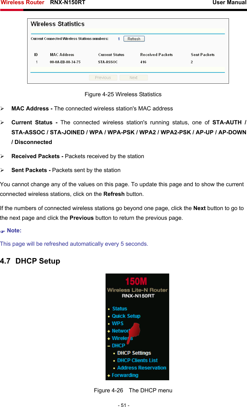 Wireless Router    RNX-N150RT                                                          User Manual   - 51 -  Figure 4-25 Wireless Statistics ¾ MAC Address - The connected wireless station&apos;s MAC address ¾ Current Status - The connected wireless station&apos;s running status, one of STA-AUTH / STA-ASSOC / STA-JOINED / WPA / WPA-PSK / WPA2 / WPA2-PSK / AP-UP / AP-DOWN / Disconnected ¾ Received Packets - Packets received by the station ¾ Sent Packets - Packets sent by the station You cannot change any of the values on this page. To update this page and to show the current connected wireless stations, click on the Refresh button.   If the numbers of connected wireless stations go beyond one page, click the Next button to go to the next page and click the Previous button to return the previous page. ) Note:  This page will be refreshed automatically every 5 seconds. 4.7  DHCP Setup  Figure 4-26    The DHCP menu 