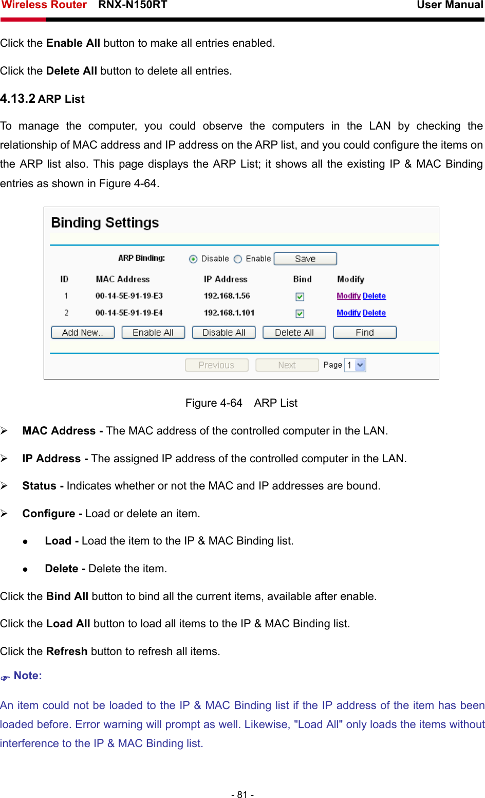 Wireless Router    RNX-N150RT                                                          User Manual   - 81 - Click the Enable All button to make all entries enabled. Click the Delete All button to delete all entries. 4.13.2 ARP List To manage the computer, you could observe the computers in the LAN by checking the relationship of MAC address and IP address on the ARP list, and you could configure the items on the ARP list also. This page displays the ARP List; it shows all the existing IP &amp; MAC Binding entries as shown in Figure 4-64.    Figure 4-64  ARP List ¾ MAC Address - The MAC address of the controlled computer in the LAN.   ¾ IP Address - The assigned IP address of the controlled computer in the LAN.   ¾ Status - Indicates whether or not the MAC and IP addresses are bound. ¾ Configure - Load or delete an item.   z Load - Load the item to the IP &amp; MAC Binding list.   z Delete - Delete the item.   Click the Bind All button to bind all the current items, available after enable. Click the Load All button to load all items to the IP &amp; MAC Binding list. Click the Refresh button to refresh all items. ) Note: An item could not be loaded to the IP &amp; MAC Binding list if the IP address of the item has been loaded before. Error warning will prompt as well. Likewise, &quot;Load All&quot; only loads the items without interference to the IP &amp; MAC Binding list. 