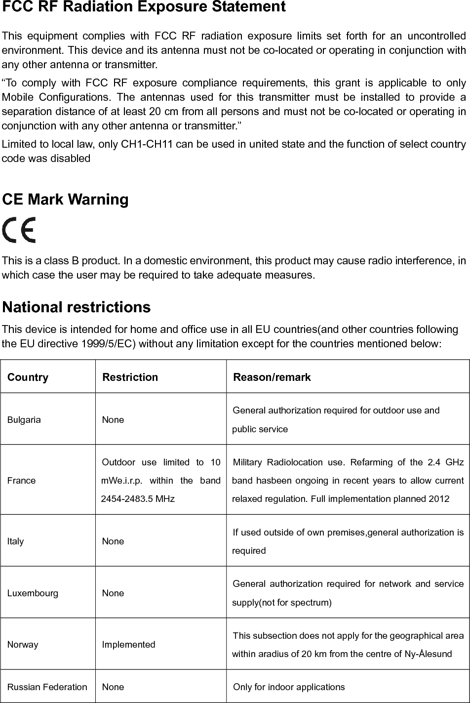   Note: Please don’t use the product outdoors in France. 