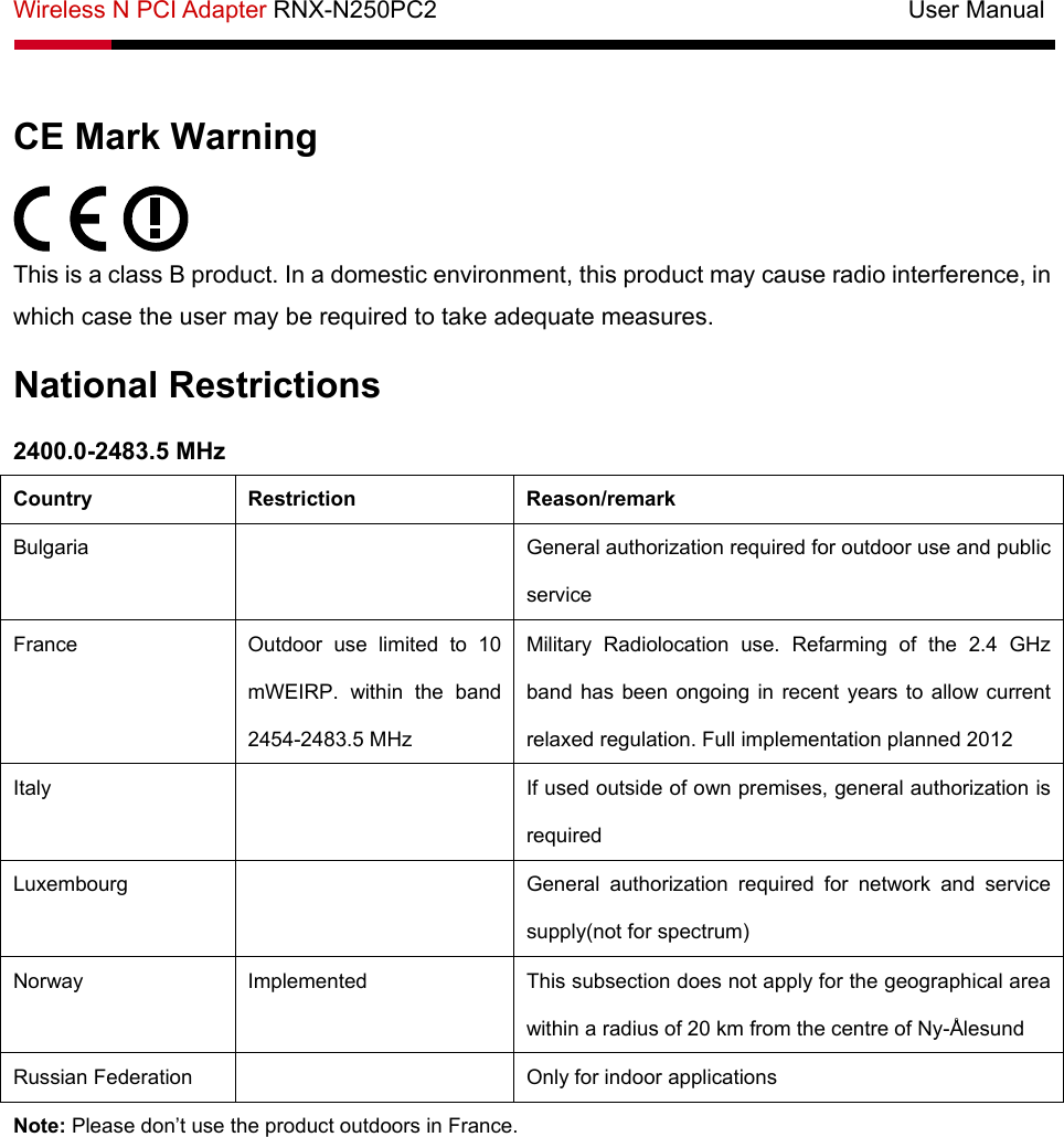 Wireless N PCI Adapter RNX-N250PC2                                       User Manual   CE Mark Warning  This is a class B product. In a domestic environment, this product may cause radio interference, in which case the user may be required to take adequate measures. National Restrictions 2400.0-2483.5 MHz Country Restriction  Reason/remark Bulgaria   General authorization required for outdoor use and public service France  Outdoor use limited to 10 mWEIRP. within the band 2454-2483.5 MHz Military Radiolocation use. Refarming of the 2.4 GHz band has been ongoing in recent years to allow current relaxed regulation. Full implementation planned 2012   Italy   If used outside of own premises, general authorization is required Luxembourg  General authorization required for network and service supply(not for spectrum) Norway Implemented  This subsection does not apply for the geographical area within a radius of 20 km from the centre of Ny-Ålesund Russian Federation    Only for indoor applications Note: Please don’t use the product outdoors in France.
