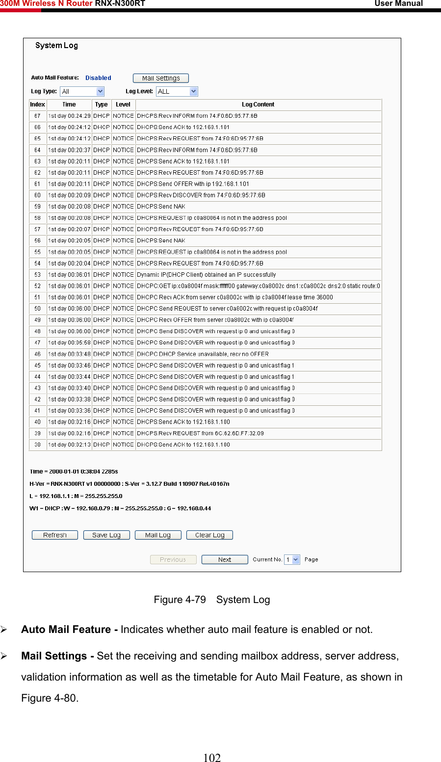 300M Wireless N Router RNX-N300RT                                                        User Manual    Figure 4-79  System Log ¾ Auto Mail Feature - Indicates whether auto mail feature is enabled or not.   ¾ Mail Settings - Set the receiving and sending mailbox address, server address, validation information as well as the timetable for Auto Mail Feature, as shown in Figure 4-80. 102 