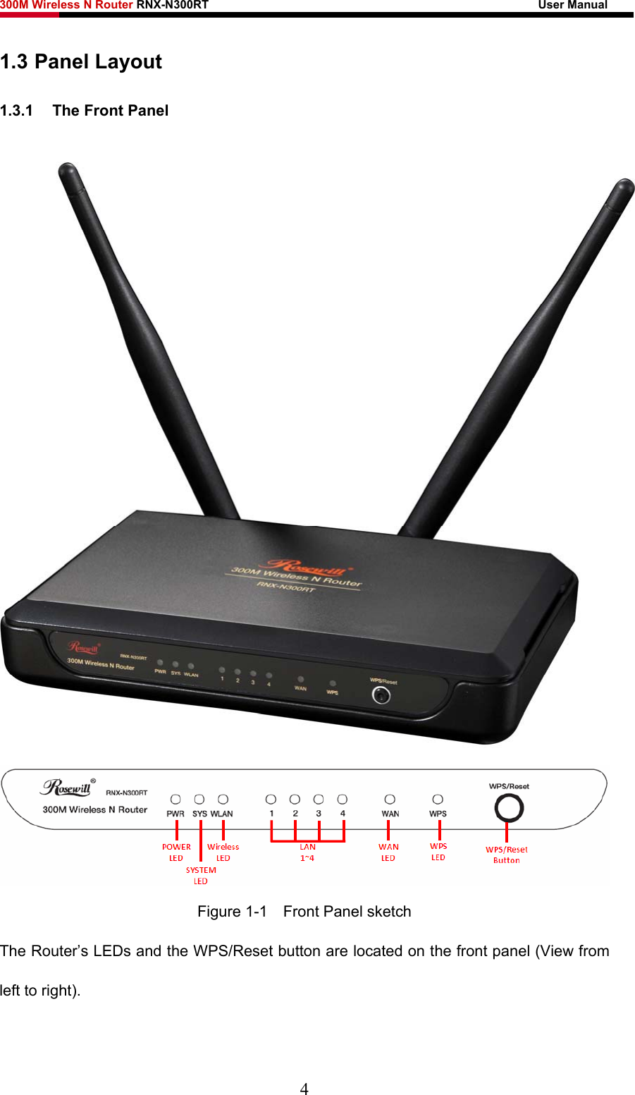 300M Wireless N Router RNX-N300RT                                                        User Manual   1.3 Panel Layout 1.3.1  The Front Panel   Figure 1-1    Front Panel sketch The Router’s LEDs and the WPS/Reset button are located on the front panel (View from left to right).    4 