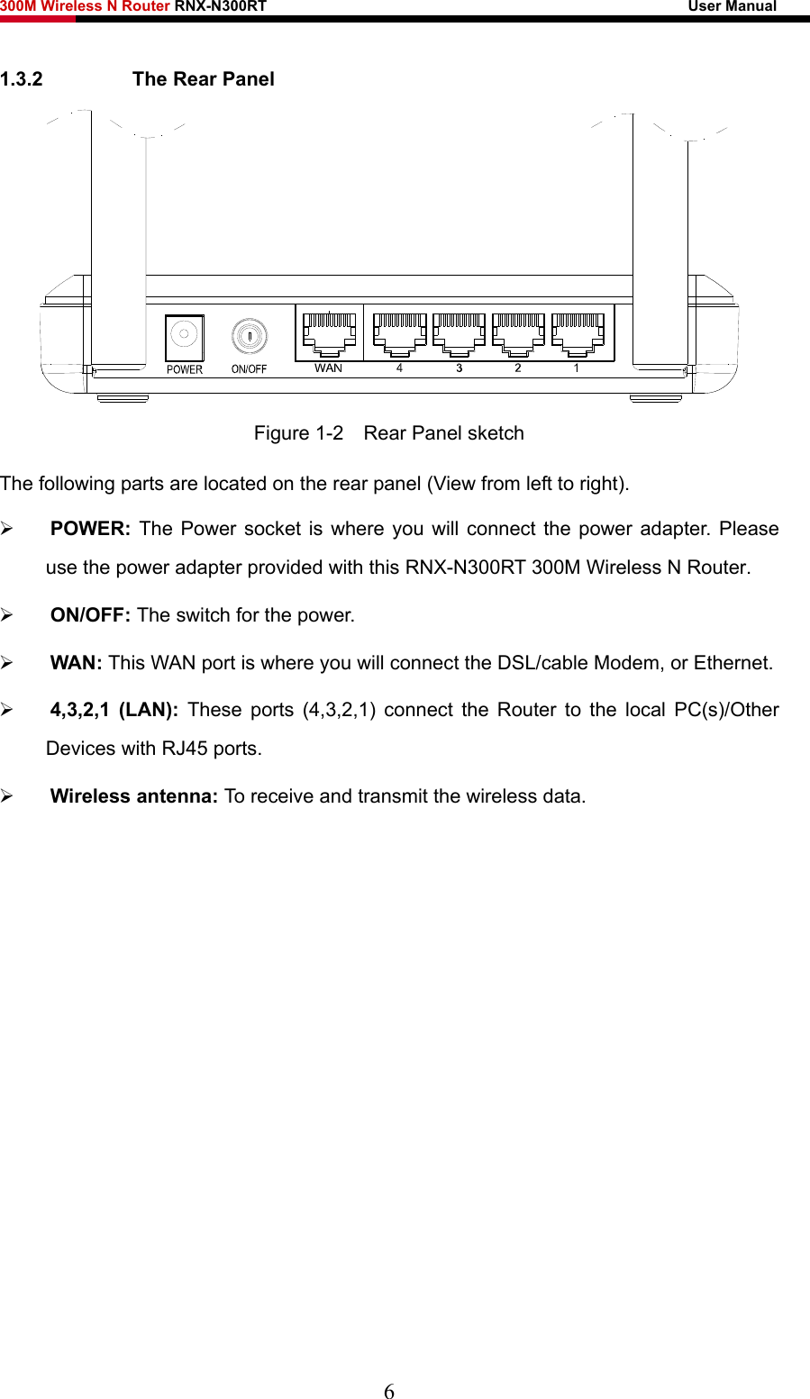 300M Wireless N Router RNX-N300RT                                                        User Manual   1.3.2  The Rear Panel  Figure 1-2    Rear Panel sketch The following parts are located on the rear panel (View from left to right). ¾ POWER: The Power socket is where you will connect the power adapter. Please use the power adapter provided with this RNX-N300RT 300M Wireless N Router. ¾ ON/OFF: The switch for the power. ¾ WAN: This WAN port is where you will connect the DSL/cable Modem, or Ethernet. ¾ 4,3,2,1 (LAN): These ports (4,3,2,1) connect the Router to the local PC(s)/Other Devices with RJ45 ports. ¾ Wireless antenna: To receive and transmit the wireless data. 6 