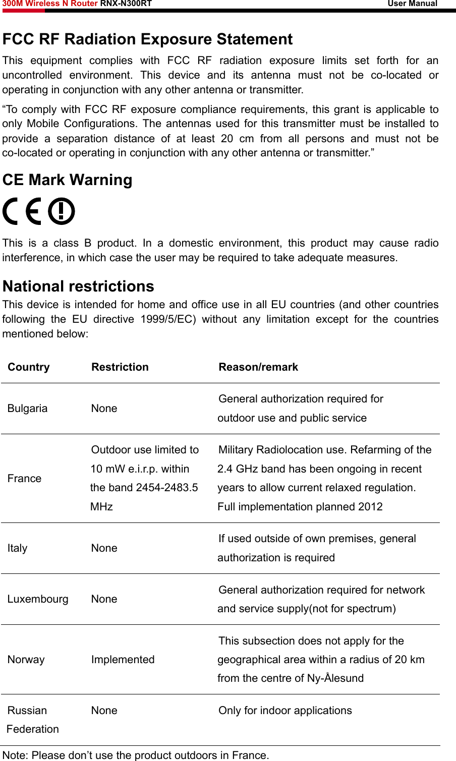 300M Wireless N Router RNX-N300RT                                                        User Manual   FCC RF Radiation Exposure Statement This equipment complies with FCC RF radiation exposure limits set forth for an uncontrolled environment. This device and its antenna must not be co-located or operating in conjunction with any other antenna or transmitter. “To comply with FCC RF exposure compliance requirements, this grant is applicable to only Mobile Configurations. The antennas used for this transmitter must be installed to provide a separation distance of at least 20 cm from all persons and must not be co-located or operating in conjunction with any other antenna or transmitter.” CE Mark Warning  This is a class B product. In a domestic environment, this product may cause radio interference, in which case the user may be required to take adequate measures. National restrictions This device is intended for home and office use in all EU countries (and other countries following the EU directive 1999/5/EC) without any limitation except for the countries mentioned below: Country Restriction  Reason/remark Bulgaria None  General authorization required for outdoor use and public service France Outdoor use limited to 10 mW e.i.r.p. within the band 2454-2483.5 MHz Military Radiolocation use. Refarming of the 2.4 GHz band has been ongoing in recent years to allow current relaxed regulation. Full implementation planned 2012 Italy None  If used outside of own premises, general authorization is required Luxembourg None  General authorization required for network and service supply(not for spectrum) Norway Implemented This subsection does not apply for the geographical area within a radius of 20 km from the centre of Ny-Ålesund Russian Federation None  Only for indoor applications Note: Please don’t use the product outdoors in France. 