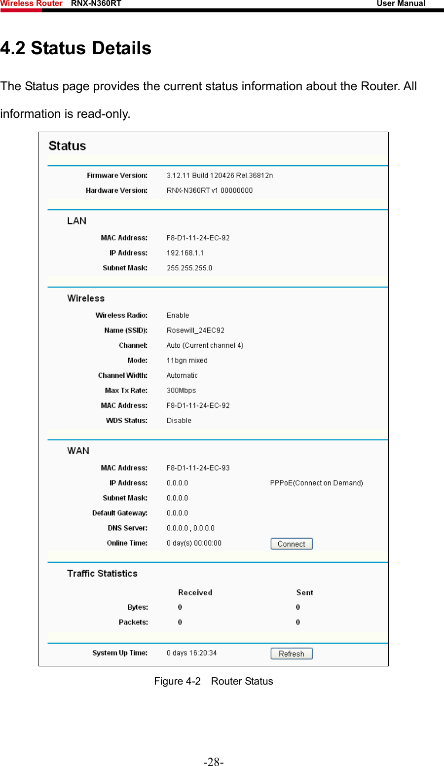 Wireless Router    RNX-N360RT                                                              User Manual   4.2 Status Details The Status page provides the current status information about the Router. All information is read-only.  Figure 4-2    Router Status  -28- 