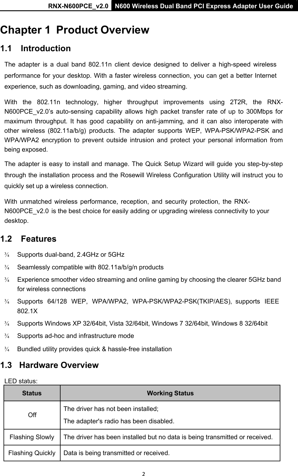 RNX-N600PCE_v2.0  N600 Wireless Dual Band PCI Express Adapter User Guide  2 Chapter 1  Product Overview 1.1    Introduction The  adapter  is  a  dual  band  802.11n  client  device  designed  to  deliver  a  high-speed  wireless performance for your desktop. With a faster wireless connection, you can get a better Internet experience, such as downloading, gaming, and video streaming.  With  the  802.11n  technology,  higher  throughput  improvements  using  2T2R,  the  RNX-N600PCE_v2.0’s  auto-sensing  capability  allows  high  packet  transfer  rate  of  up  to  300Mbps  for maximum  throughput.  It  has  good  capability  on  anti-jamming,  and  it  can  also  interoperate  with other  wireless  (802.11a/b/g)  products.  The  adapter  supports  WEP,  WPA-PSK/WPA2-PSK  and WPA/WPA2  encryption  to  prevent  outside  intrusion  and  protect  your  personal  information  from being exposed.  The adapter is easy to install and manage. The Quick Setup Wizard will guide you step-by-step through the installation process and the Rosewill Wireless Configuration Utility will instruct you to quickly set up a wireless connection.  With  unmatched  wireless  performance,  reception,  and  security  protection,  the  RNX-N600PCE_v2.0  is the best choice for easily adding or upgrading wireless connectivity to your desktop. 1.2    Features ¾     Supports dual-band, 2.4GHz or 5GHz  ¾     Seamlessly compatible with 802.11a/b/g/n products  ¾   Experience smoother video streaming and online gaming by choosing the clearer 5GHz band for wireless connections ¾     Supports   64/128   WEP,  WPA/WPA2,  WPA-PSK/WPA2-PSK(TKIP/AES),  supports   IEEE 802.1X  ¾     Supports Windows XP 32/64bit, Vista 32/64bit, Windows 7 32/64bit, Windows 8 32/64bit  ¾     Supports ad-hoc and infrastructure mode  ¾     Bundled utility provides quick &amp; hassle-free installation 1.3   Hardware Overview LED status:  Status  Working Status   Off  The driver has not been installed;  The adapter&apos;s radio has been disabled.  Flashing Slowly  The driver has been installed but no data is being transmitted or received.  Flashing Quickly  Data is being transmitted or received. 