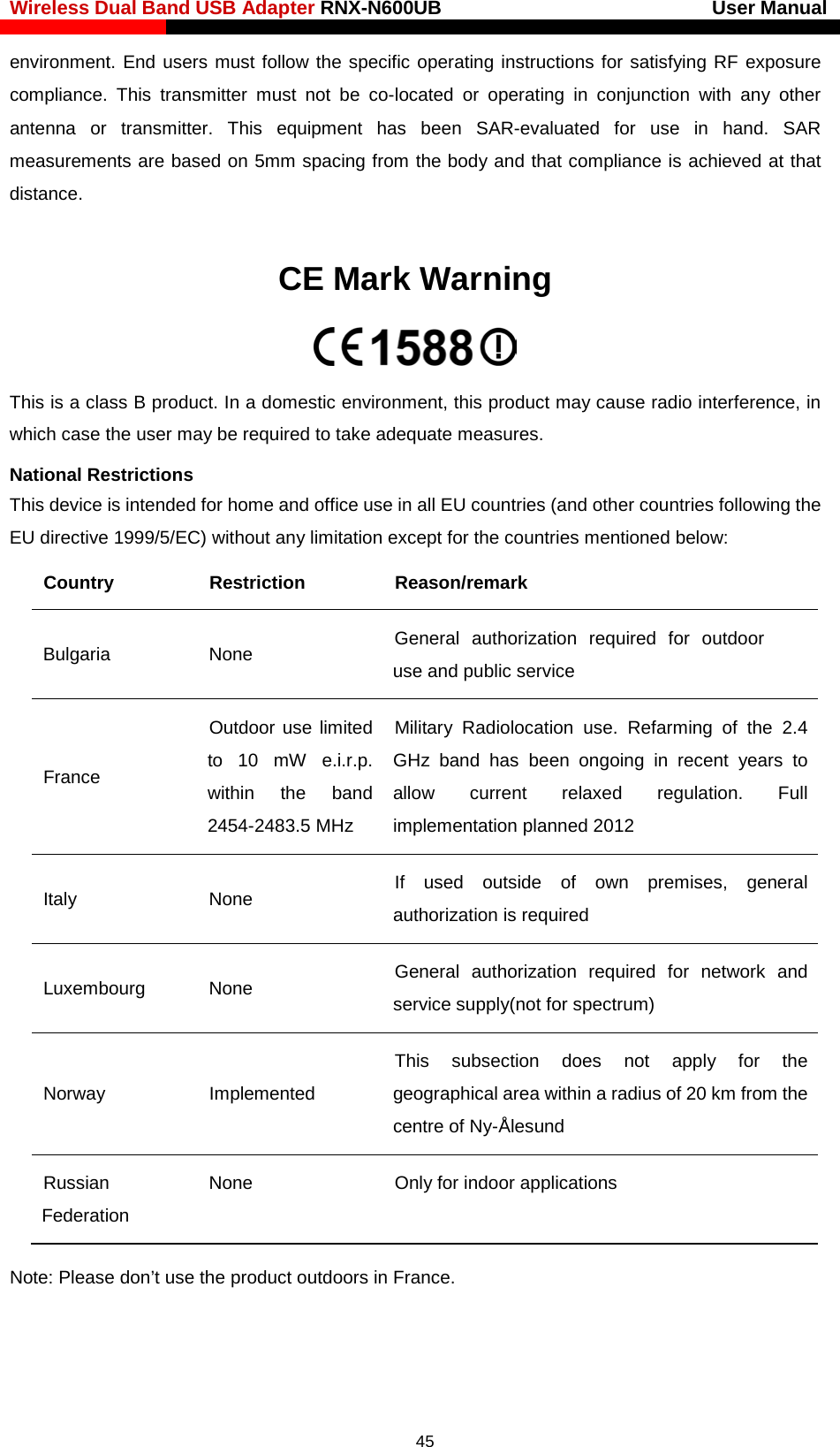 Wireless Dual Band USB Adapter RNX-N600UB                            User Manual    environment. End users must follow the specific operating instructions for satisfying RF exposure compliance. This transmitter must not be co-located or operating in conjunction with any other antenna or transmitter. This equipment has been SAR-evaluated for use in hand.  SAR measurements are based on 5mm spacing from the body and that compliance is achieved at that distance.  CE Mark Warning  This is a class B product. In a domestic environment, this product may cause radio interference, in which case the user may be required to take adequate measures. National Restrictions This device is intended for home and office use in all EU countries (and other countries following the EU directive 1999/5/EC) without any limitation except for the countries mentioned below: Country Restriction Reason/remark Bulgaria None General authorization required for outdoor use and public service France Outdoor use limited to 10 mW e.i.r.p. within the band 2454-2483.5 MHz Military Radiolocation use. Refarming of the 2.4 GHz band has been ongoing in recent years to allow current relaxed regulation. Full implementation planned 2012 Italy None If used outside of own premises, general authorization is required Luxembourg None General authorization required for network and service supply(not for spectrum) Norway Implemented This subsection does not apply for the geographical area within a radius of 20 km from the centre of Ny-Ålesund Russian Federation None Only for indoor applications Note: Please don’t use the product outdoors in France.   45 