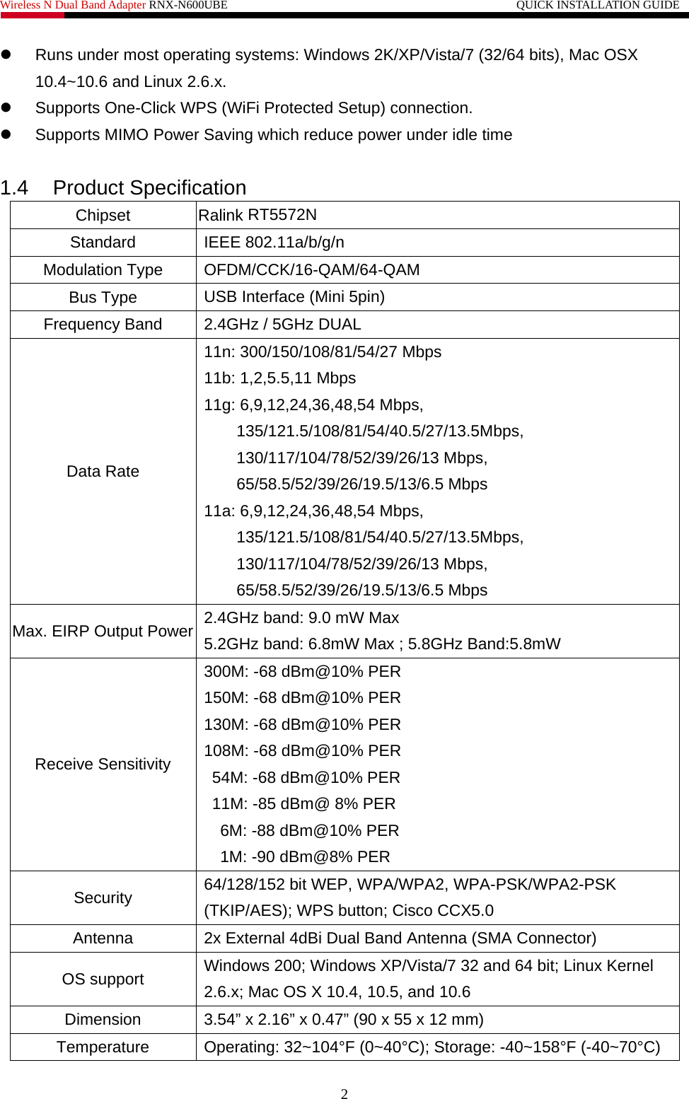 Wireless N Dual Band Adapter RNX-N600UBE                                                 QUICK INSTALLATION GUIDE   z  Runs under most operating systems: Windows 2K/XP/Vista/7 (32/64 bits), Mac OSX 10.4~10.6 and Linux 2.6.x. z  Supports One-Click WPS (WiFi Protected Setup) connection. z  Supports MIMO Power Saving which reduce power under idle time  1.4 Product Specification Chipset               Ralink RT5572N Standard IEEE 802.11a/b/g/n Modulation Type  OFDM/CCK/16-QAM/64-QAM Bus Type  USB Interface (Mini 5pin) Frequency Band  2.4GHz / 5GHz DUAL Data Rate 11n: 300/150/108/81/54/27 Mbps 11b: 1,2,5.5,11 Mbps 11g: 6,9,12,24,36,48,54 Mbps, 135/121.5/108/81/54/40.5/27/13.5Mbps, 130/117/104/78/52/39/26/13 Mbps, 65/58.5/52/39/26/19.5/13/6.5 Mbps 11a: 6,9,12,24,36,48,54 Mbps, 135/121.5/108/81/54/40.5/27/13.5Mbps, 130/117/104/78/52/39/26/13 Mbps, 65/58.5/52/39/26/19.5/13/6.5 Mbps Max. EIRP Output Power  2.4GHz band: 9.0 mW Max 5.2GHz band: 6.8mW Max ; 5.8GHz Band:5.8mW  Receive Sensitivity 300M: -68 dBm@10% PER 150M: -68 dBm@10% PER 130M: -68 dBm@10% PER 108M: -68 dBm@10% PER 54M: -68 dBm@10% PER 11M: -85 dBm@ 8% PER 6M: -88 dBm@10% PER 1M: -90 dBm@8% PER  Security  64/128/152 bit WEP, WPA/WPA2, WPA-PSK/WPA2-PSK (TKIP/AES); WPS button; Cisco CCX5.0 Antenna  2x External 4dBi Dual Band Antenna (SMA Connector) OS support  Windows 200; Windows XP/Vista/7 32 and 64 bit; Linux Kernel 2.6.x; Mac OS X 10.4, 10.5, and 10.6 Dimension  3.54” x 2.16” x 0.47” (90 x 55 x 12 mm) Temperature  Operating: 32~104°F (0~40°C); Storage: -40~158°F (-40~70°C) 2 