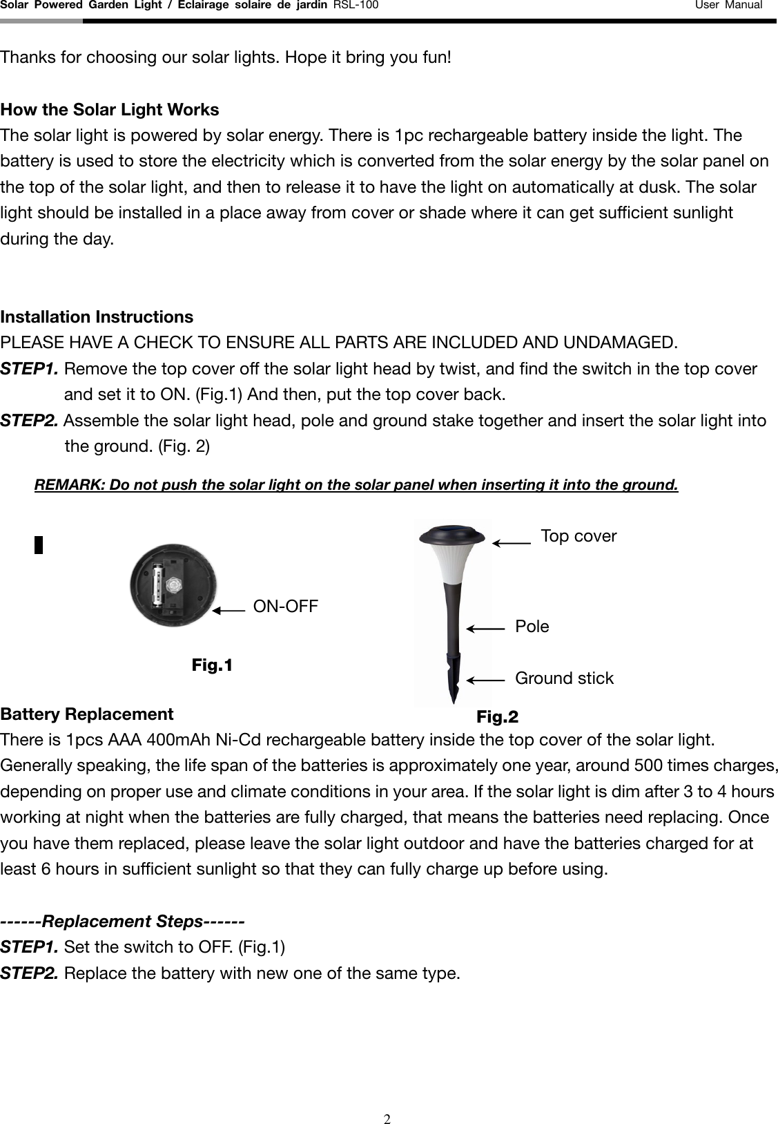 Page 2 of 3 - Rosewill Rosewill-Solar-Powered-Garden-Light-Rsl-100-Users-Manual UserManaul-RSL-100