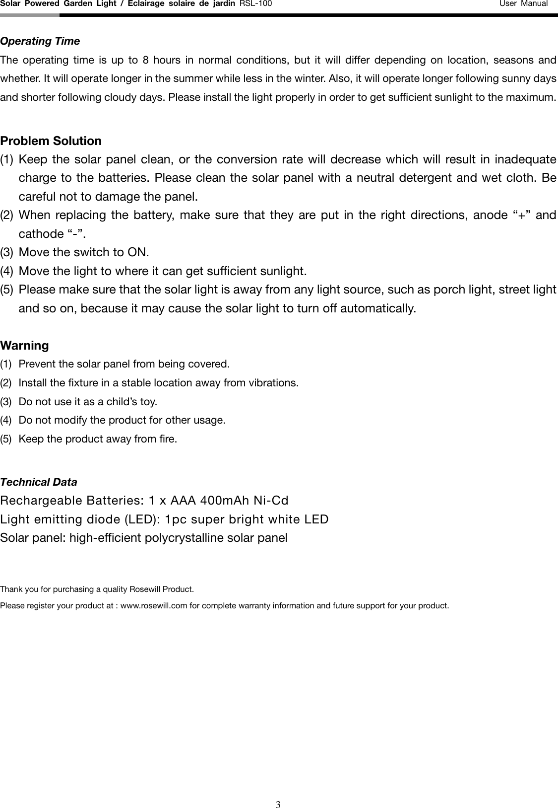 Page 3 of 3 - Rosewill Rosewill-Solar-Powered-Garden-Light-Rsl-100-Users-Manual UserManaul-RSL-100