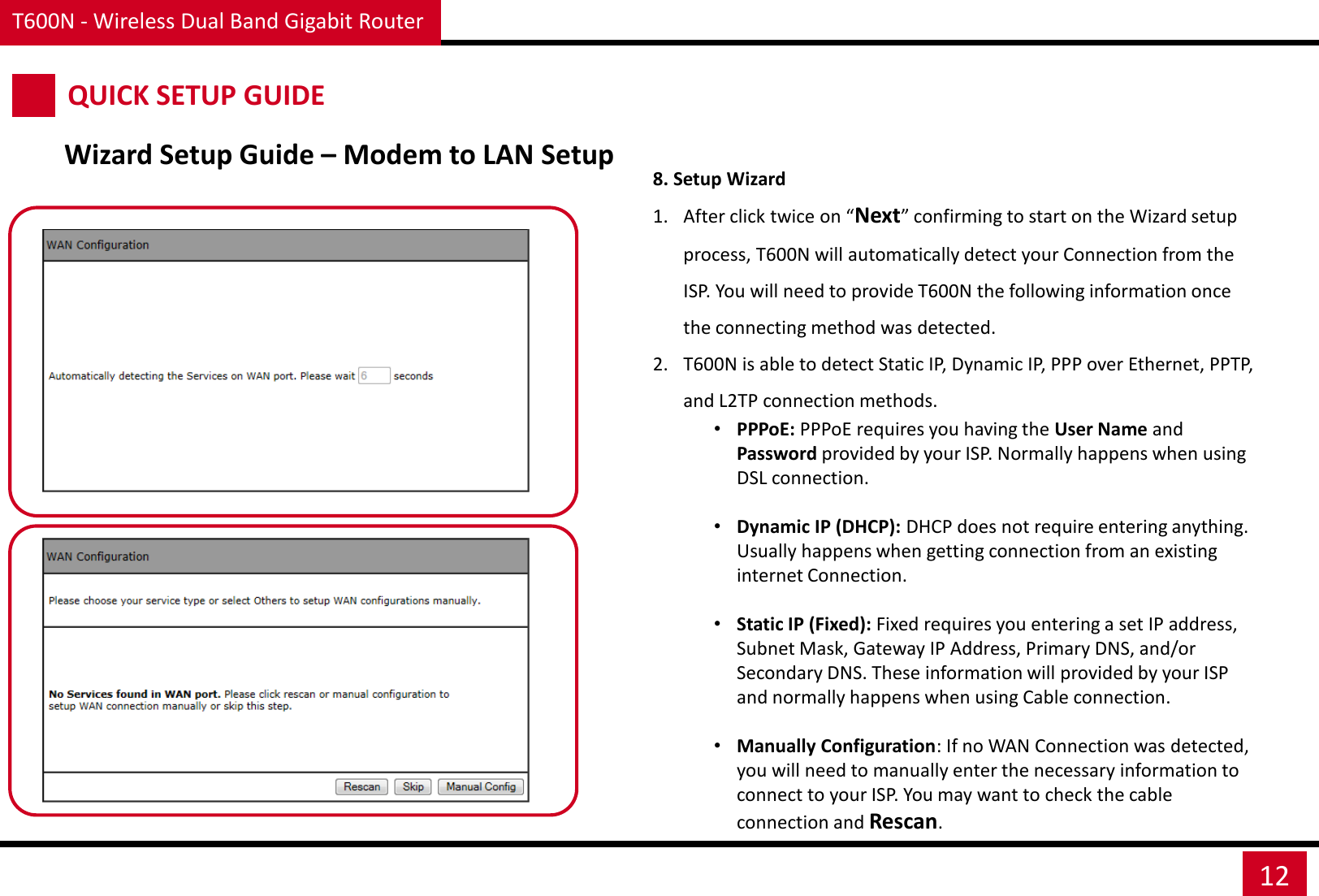 T600N - Wireless Dual Band Gigabit Router 12 8. Setup Wizard 1. After click twice on “Next” confirming to start on the Wizard setup process, T600N will automatically detect your Connection from the ISP. You will need to provide T600N the following information once the connecting method was detected. 2. T600N is able to detect Static IP, Dynamic IP, PPP over Ethernet, PPTP, and L2TP connection methods. •PPPoE: PPPoE requires you having the User Name and Password provided by your ISP. Normally happens when using DSL connection.  •Dynamic IP (DHCP): DHCP does not require entering anything. Usually happens when getting connection from an existing internet Connection.  •Static IP (Fixed): Fixed requires you entering a set IP address, Subnet Mask, Gateway IP Address, Primary DNS, and/or Secondary DNS. These information will provided by your ISP and normally happens when using Cable connection.  •Manually Configuration: If no WAN Connection was detected, you will need to manually enter the necessary information to connect to your ISP. You may want to check the cable connection and Rescan. QUICK SETUP GUIDE Wizard Setup Guide – Modem to LAN Setup 