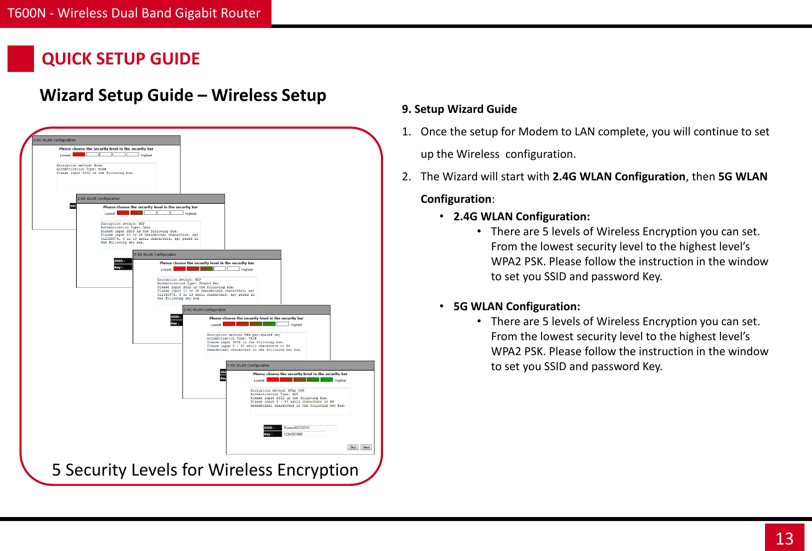 T600N - Wireless Dual Band Gigabit Router 13 9. Setup Wizard Guide 1. Once the setup for Modem to LAN complete, you will continue to set up the Wireless  configuration. 2. The Wizard will start with 2.4G WLAN Configuration, then 5G WLAN Configuration: •2.4G WLAN Configuration: •There are 5 levels of Wireless Encryption you can set. From the lowest security level to the highest level’s WPA2 PSK. Please follow the instruction in the window to set you SSID and password Key.  •5G WLAN Configuration: •There are 5 levels of Wireless Encryption you can set. From the lowest security level to the highest level’s WPA2 PSK. Please follow the instruction in the window to set you SSID and password Key. QUICK SETUP GUIDE Wizard Setup Guide – Wireless Setup 5 Security Levels for Wireless Encryption 