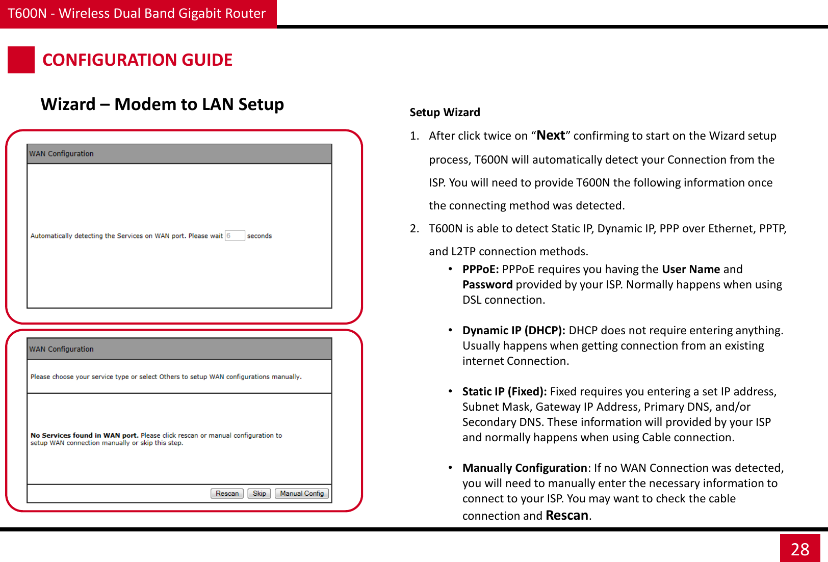 T600N - Wireless Dual Band Gigabit Router 28 Setup Wizard 1. After click twice on “Next” confirming to start on the Wizard setup process, T600N will automatically detect your Connection from the ISP. You will need to provide T600N the following information once the connecting method was detected. 2. T600N is able to detect Static IP, Dynamic IP, PPP over Ethernet, PPTP, and L2TP connection methods. •PPPoE: PPPoE requires you having the User Name and Password provided by your ISP. Normally happens when using DSL connection.  •Dynamic IP (DHCP): DHCP does not require entering anything. Usually happens when getting connection from an existing internet Connection.  •Static IP (Fixed): Fixed requires you entering a set IP address, Subnet Mask, Gateway IP Address, Primary DNS, and/or Secondary DNS. These information will provided by your ISP and normally happens when using Cable connection.  •Manually Configuration: If no WAN Connection was detected, you will need to manually enter the necessary information to connect to your ISP. You may want to check the cable connection and Rescan. Wizard – Modem to LAN Setup CONFIGURATION GUIDE 