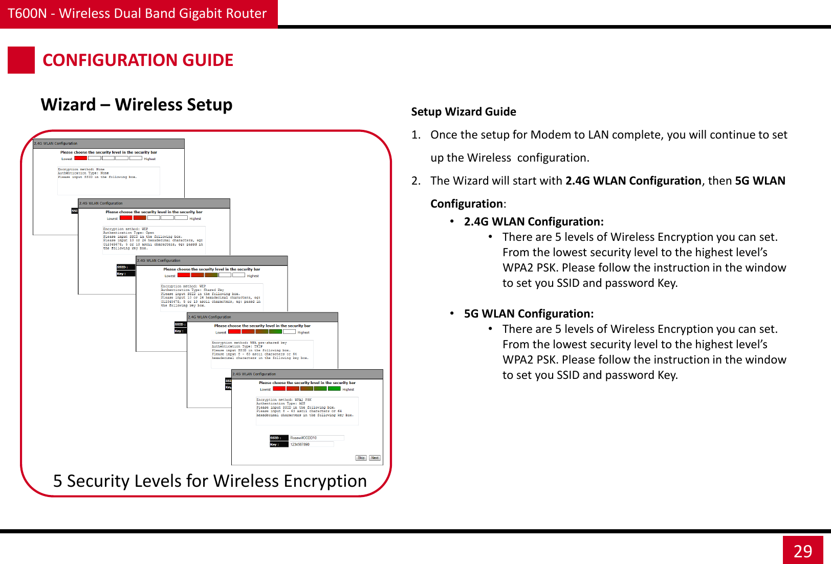 T600N - Wireless Dual Band Gigabit Router 29 Setup Wizard Guide 1. Once the setup for Modem to LAN complete, you will continue to set up the Wireless  configuration. 2. The Wizard will start with 2.4G WLAN Configuration, then 5G WLAN Configuration: •2.4G WLAN Configuration: •There are 5 levels of Wireless Encryption you can set. From the lowest security level to the highest level’s WPA2 PSK. Please follow the instruction in the window to set you SSID and password Key.  •5G WLAN Configuration: •There are 5 levels of Wireless Encryption you can set. From the lowest security level to the highest level’s WPA2 PSK. Please follow the instruction in the window to set you SSID and password Key. Wizard – Wireless Setup 5 Security Levels for Wireless Encryption CONFIGURATION GUIDE 