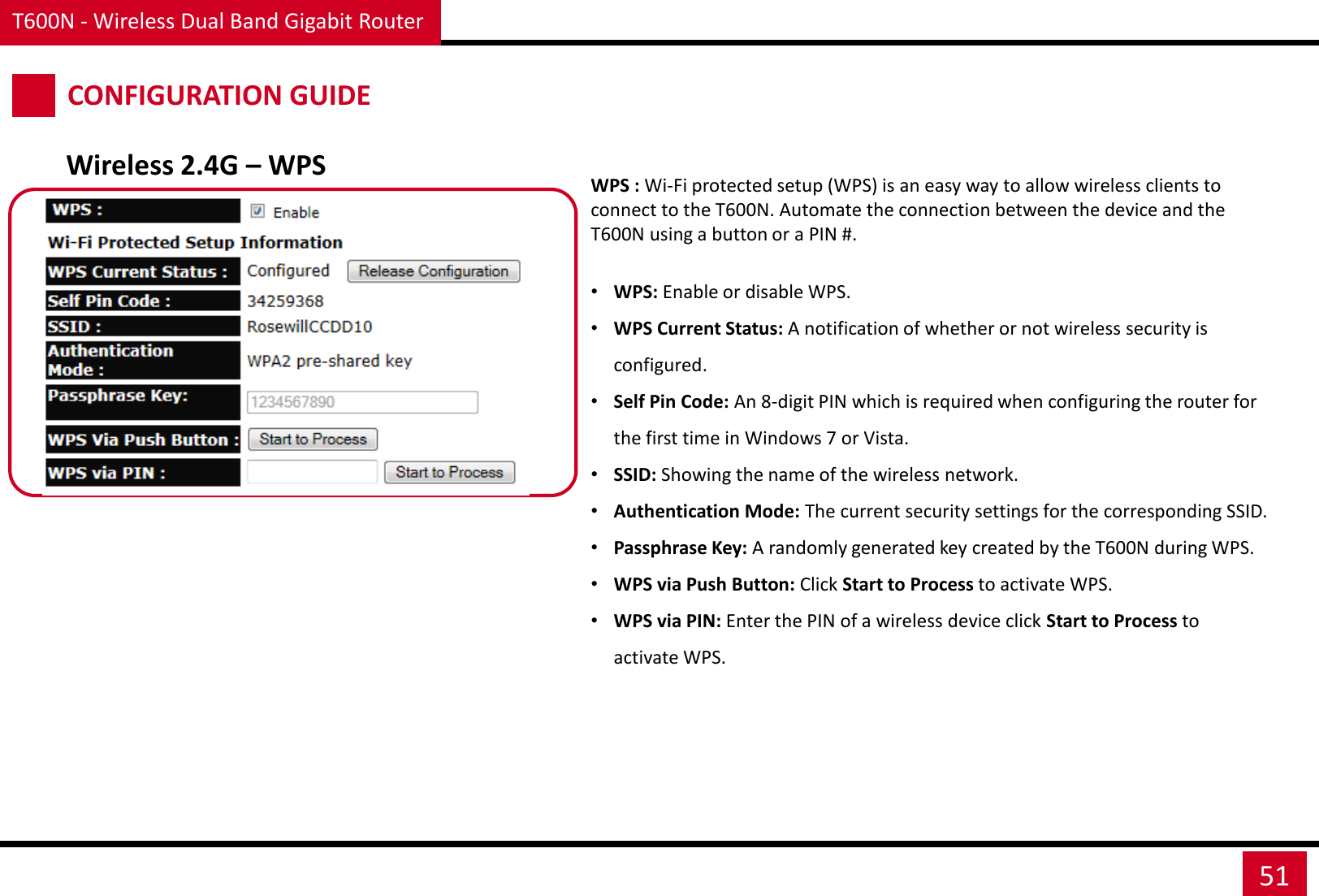 T600N - Wireless Dual Band Gigabit Router 51 CONFIGURATION GUIDE Wireless 2.4G – WPS WPS : Wi-Fi protected setup (WPS) is an easy way to allow wireless clients to connect to the T600N. Automate the connection between the device and the T600N using a button or a PIN #.  •WPS: Enable or disable WPS. •WPS Current Status: A notification of whether or not wireless security is configured. •Self Pin Code: An 8-digit PIN which is required when configuring the router for the first time in Windows 7 or Vista. •SSID: Showing the name of the wireless network. •Authentication Mode: The current security settings for the corresponding SSID. •Passphrase Key: A randomly generated key created by the T600N during WPS. •WPS via Push Button: Click Start to Process to activate WPS. •WPS via PIN: Enter the PIN of a wireless device click Start to Process to activate WPS. 