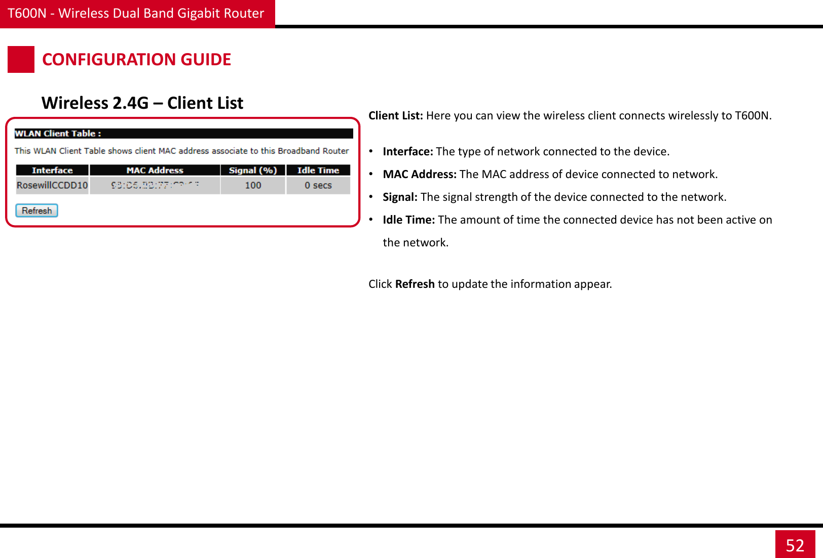 T600N - Wireless Dual Band Gigabit Router 52 CONFIGURATION GUIDE Wireless 2.4G – Client List Client List: Here you can view the wireless client connects wirelessly to T600N.  •Interface: The type of network connected to the device. •MAC Address: The MAC address of device connected to network. •Signal: The signal strength of the device connected to the network. •Idle Time: The amount of time the connected device has not been active on the network. Click Refresh to update the information appear. 