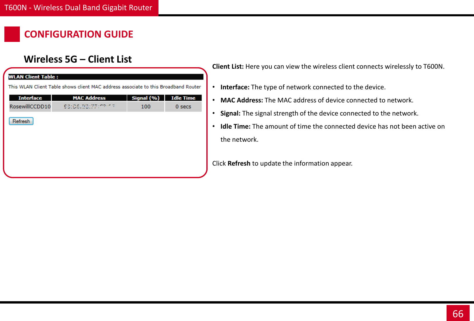 T600N - Wireless Dual Band Gigabit Router 66 CONFIGURATION GUIDE Wireless 5G – Client List Client List: Here you can view the wireless client connects wirelessly to T600N.  •Interface: The type of network connected to the device. •MAC Address: The MAC address of device connected to network. •Signal: The signal strength of the device connected to the network. •Idle Time: The amount of time the connected device has not been active on the network. Click Refresh to update the information appear. 