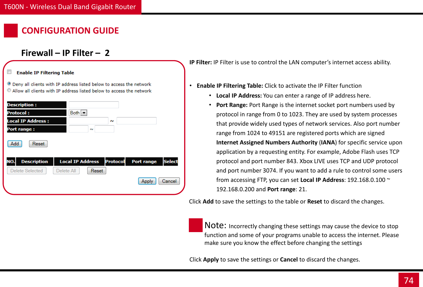 T600N - Wireless Dual Band Gigabit Router 74 CONFIGURATION GUIDE Firewall – IP Filter –  2 IP Filter: IP Filter is use to control the LAN computer’s internet access ability.  •Enable IP Filtering Table: Click to activate the IP Filter function •Local IP Address: You can enter a range of IP address here. •Port Range: Port Range is the internet socket port numbers used by protocol in range from 0 to 1023. They are used by system processes that provide widely used types of network services. Also port number range from 1024 to 49151 are registered ports which are signed Internet Assigned Numbers Authority (IANA) for specific service upon application by a requesting entity. For example, Adobe Flash uses TCP protocol and port number 843. Xbox LIVE uses TCP and UDP protocol and port number 3074. If you want to add a rule to control some users from accessing FTP, you can set Local IP Address: 192.168.0.100 ~ 192.168.0.200 and Port range: 21. Click Apply to save the settings or Cancel to discard the changes. Note: Incorrectly changing these settings may cause the device to stop function and some of your programs unable to access the internet. Please make sure you know the effect before changing the settings Click Add to save the settings to the table or Reset to discard the changes. 