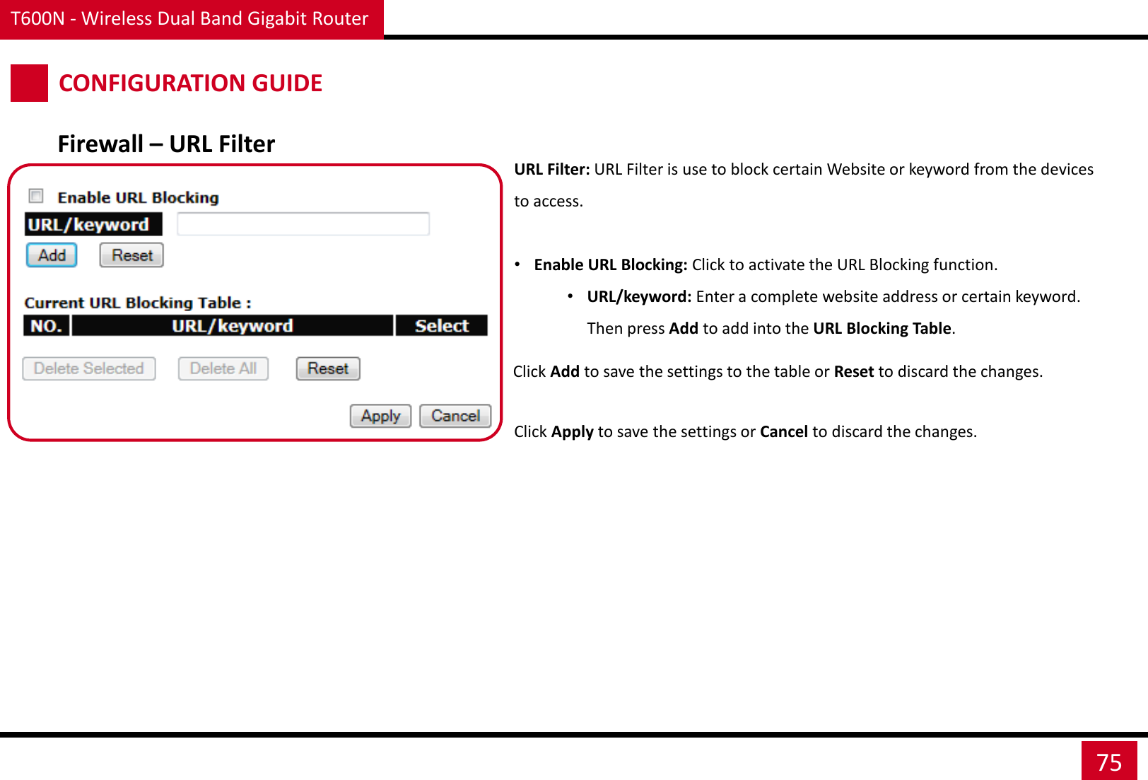 T600N - Wireless Dual Band Gigabit Router 75 CONFIGURATION GUIDE URL Filter: URL Filter is use to block certain Website or keyword from the devices to access.  •Enable URL Blocking: Click to activate the URL Blocking function. •URL/keyword: Enter a complete website address or certain keyword. Then press Add to add into the URL Blocking Table. Click Apply to save the settings or Cancel to discard the changes. Firewall – URL Filter Click Add to save the settings to the table or Reset to discard the changes. 