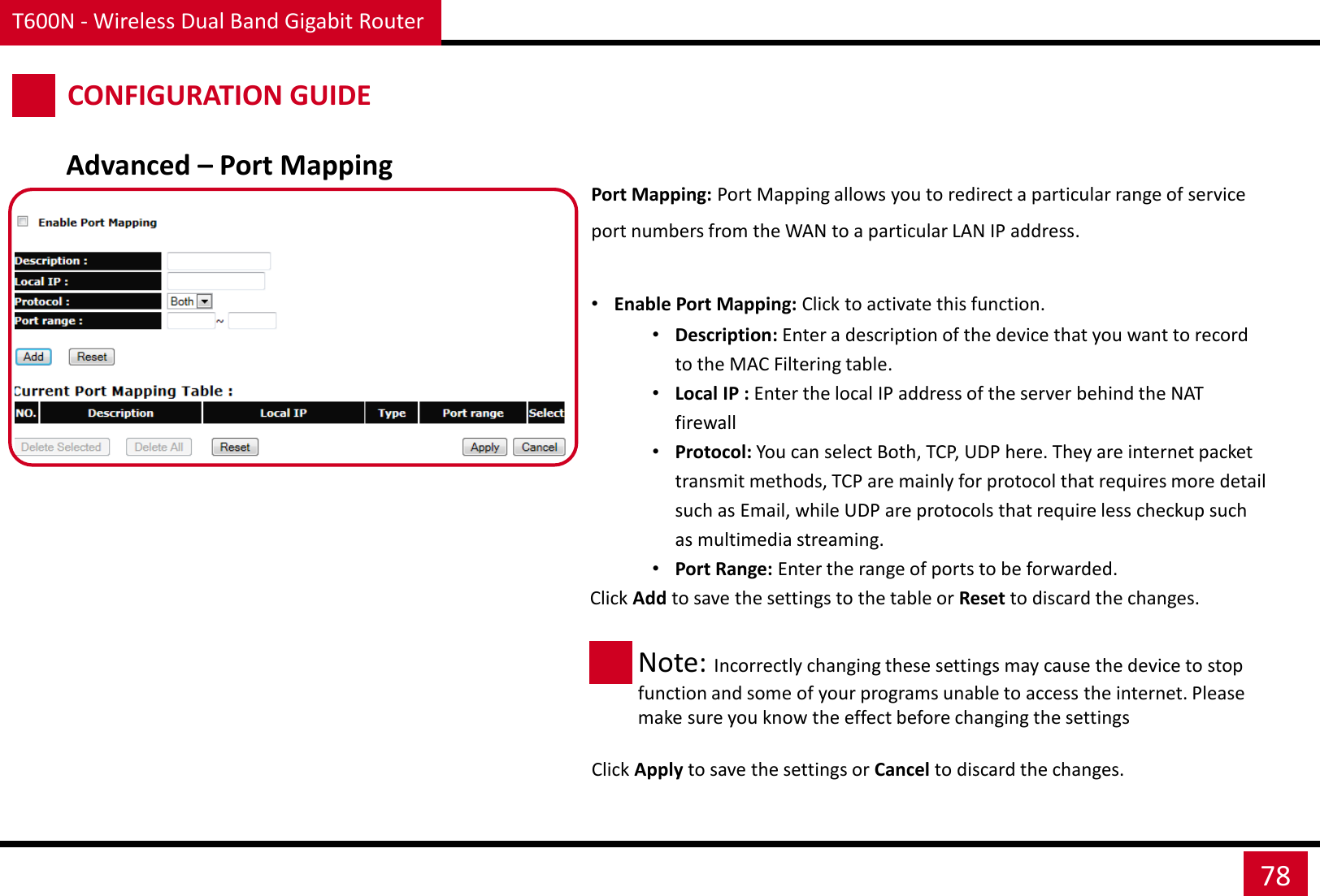 T600N - Wireless Dual Band Gigabit Router 78 CONFIGURATION GUIDE Port Mapping: Port Mapping allows you to redirect a particular range of service port numbers from the WAN to a particular LAN IP address.  •Enable Port Mapping: Click to activate this function. •Description: Enter a description of the device that you want to record to the MAC Filtering table. •Local IP : Enter the local IP address of the server behind the NAT firewall •Protocol: You can select Both, TCP, UDP here. They are internet packet transmit methods, TCP are mainly for protocol that requires more detail such as Email, while UDP are protocols that require less checkup such as multimedia streaming. •Port Range: Enter the range of ports to be forwarded.  Click Apply to save the settings or Cancel to discard the changes. Advanced – Port Mapping Note: Incorrectly changing these settings may cause the device to stop function and some of your programs unable to access the internet. Please make sure you know the effect before changing the settings Click Add to save the settings to the table or Reset to discard the changes. 