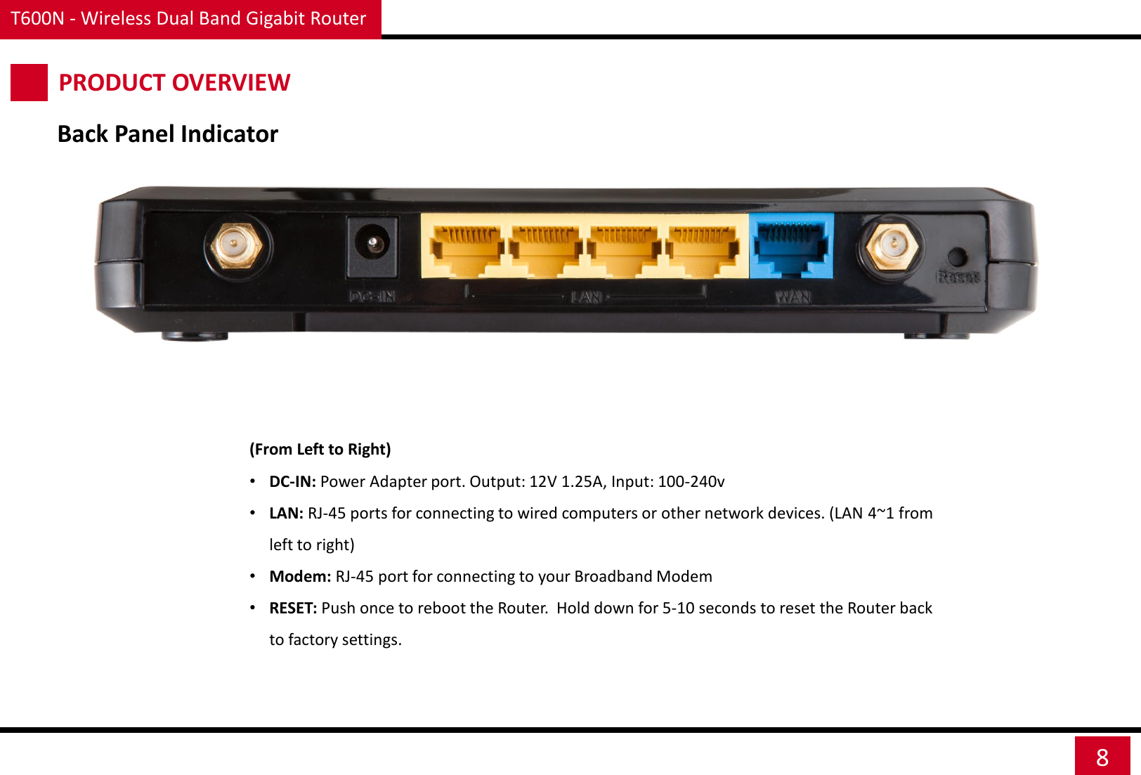 T600N - Wireless Dual Band Gigabit Router 8 Back Panel Indicator (From Left to Right) •DC-IN: Power Adapter port. Output: 12V 1.25A, Input: 100-240v •LAN: RJ-45 ports for connecting to wired computers or other network devices. (LAN 4~1 from left to right) •Modem: RJ-45 port for connecting to your Broadband Modem  •RESET: Push once to reboot the Router.  Hold down for 5-10 seconds to reset the Router back to factory settings. PRODUCT OVERVIEW 