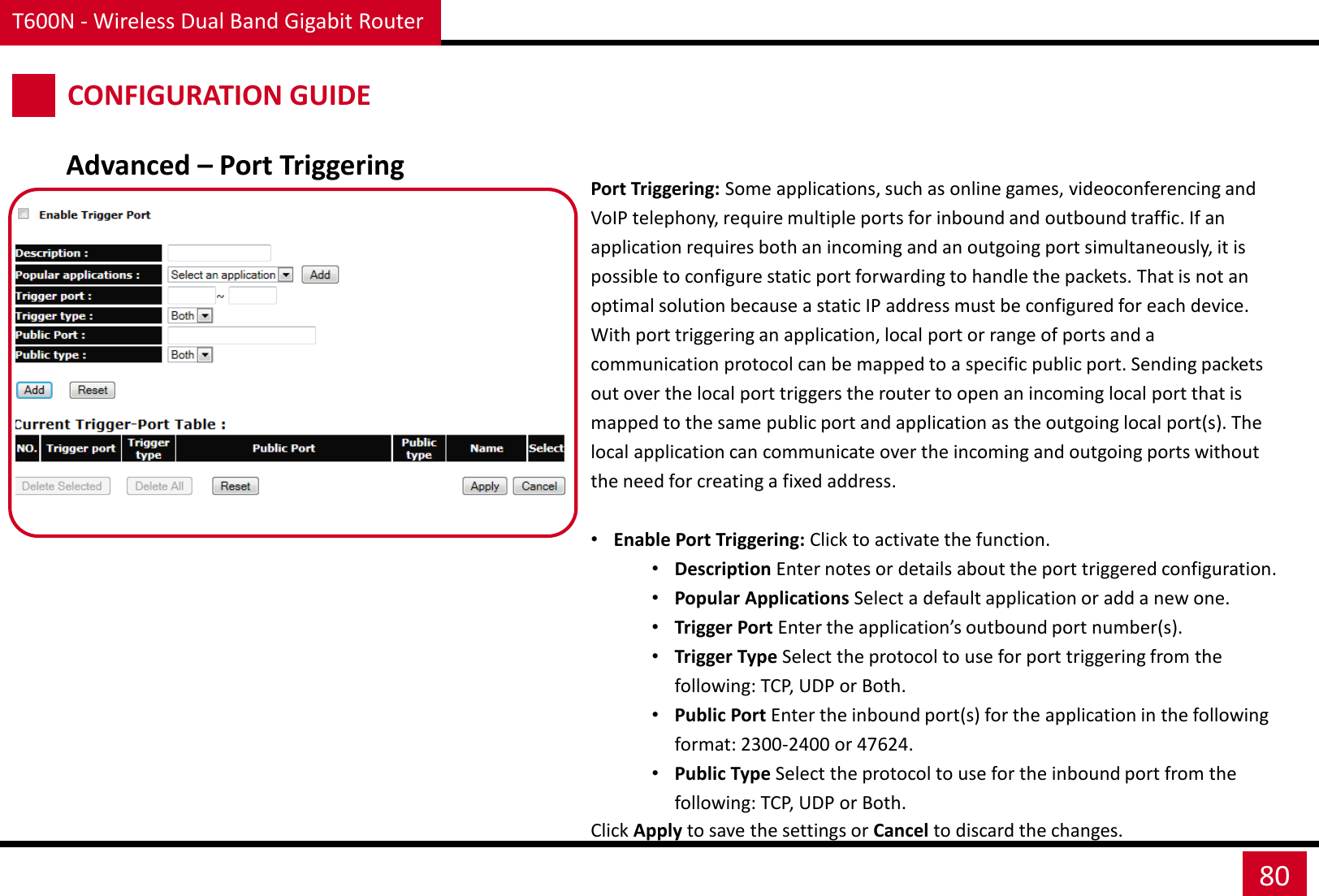 T600N - Wireless Dual Band Gigabit Router 80 CONFIGURATION GUIDE Port Triggering: Some applications, such as online games, videoconferencing and VoIP telephony, require multiple ports for inbound and outbound traffic. If an application requires both an incoming and an outgoing port simultaneously, it is possible to configure static port forwarding to handle the packets. That is not an optimal solution because a static IP address must be configured for each device. With port triggering an application, local port or range of ports and a communication protocol can be mapped to a specific public port. Sending packets out over the local port triggers the router to open an incoming local port that is mapped to the same public port and application as the outgoing local port(s). The local application can communicate over the incoming and outgoing ports without the need for creating a fixed address.  •Enable Port Triggering: Click to activate the function. •Description Enter notes or details about the port triggered configuration. •Popular Applications Select a default application or add a new one. •Trigger Port Enter the application’s outbound port number(s). •Trigger Type Select the protocol to use for port triggering from the following: TCP, UDP or Both. •Public Port Enter the inbound port(s) for the application in the following format: 2300-2400 or 47624. •Public Type Select the protocol to use for the inbound port from the following: TCP, UDP or Both. Click Apply to save the settings or Cancel to discard the changes. Advanced – Port Triggering 