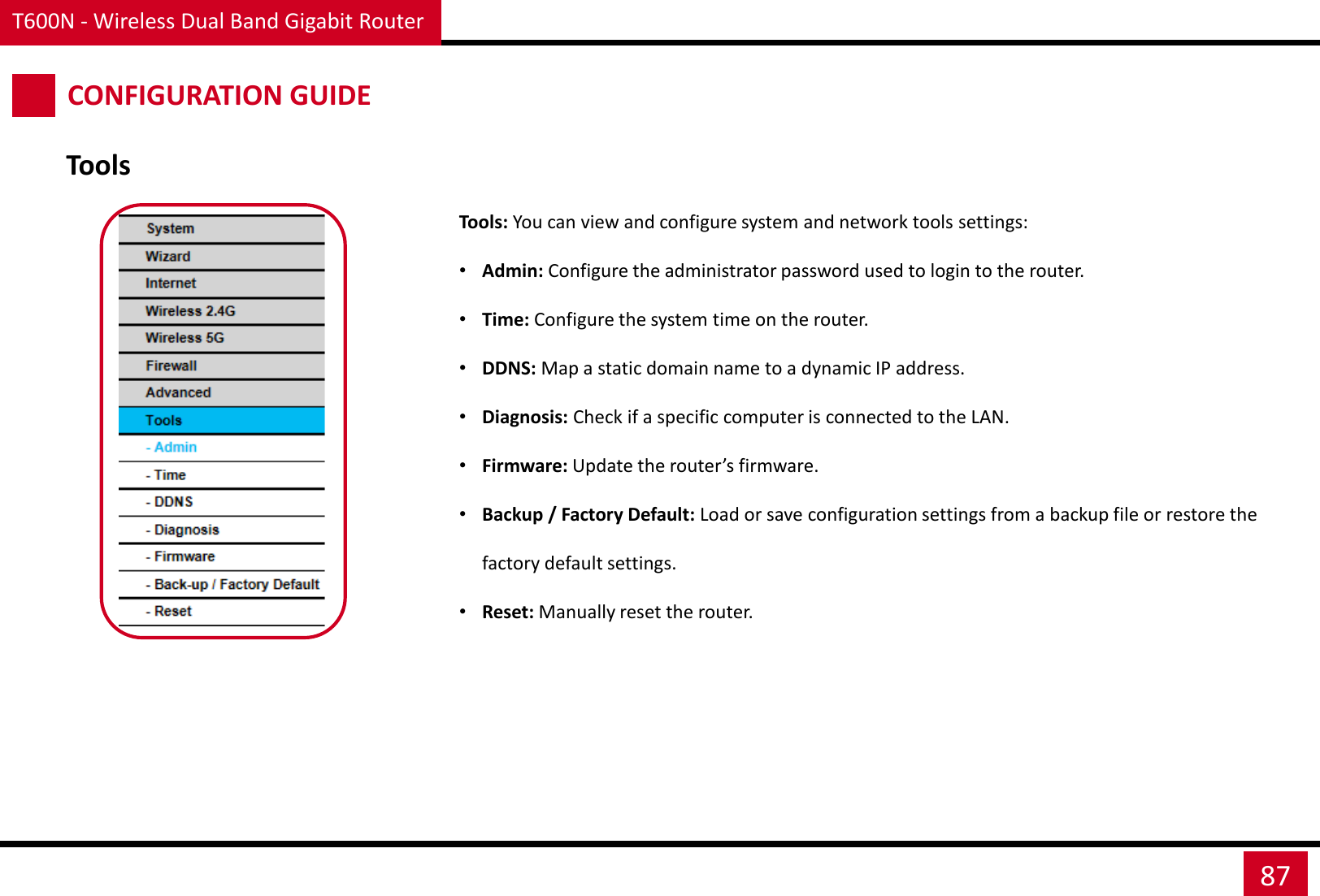 T600N - Wireless Dual Band Gigabit Router 87 CONFIGURATION GUIDE Tools Tools: You can view and configure system and network tools settings: •Admin: Configure the administrator password used to login to the router. •Time: Configure the system time on the router. •DDNS: Map a static domain name to a dynamic IP address. •Diagnosis: Check if a specific computer is connected to the LAN. •Firmware: Update the router’s firmware. •Backup / Factory Default: Load or save configuration settings from a backup file or restore the factory default settings. •Reset: Manually reset the router. 