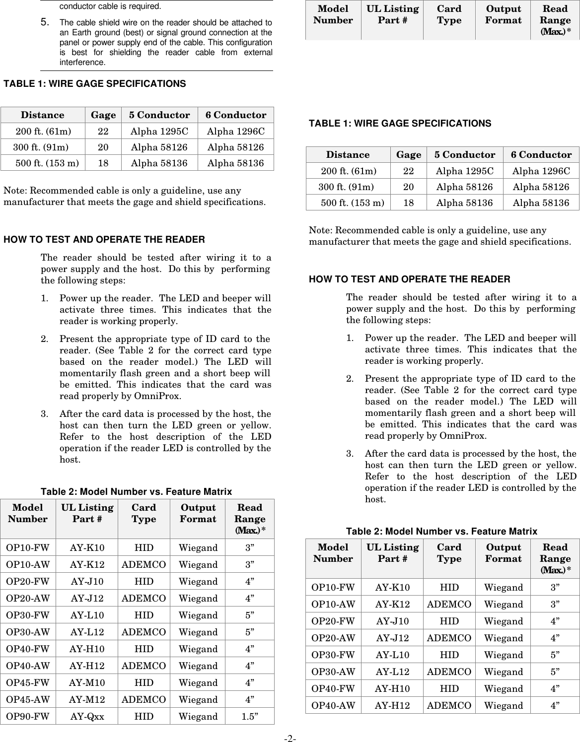 -2- conductor cable is required. 5. The cable shield wire on the reader should be attached to an Earth ground (best) or signal ground connection at the panel or power supply end of the cable. This configuration is best for shielding the reader cable from external interference. TABLE 1: WIRE GAGE SPECIFICATIONS  Distance Gage 5 Conductor 6 Conductor   200 ft. (61m) 22 Alpha 1295C Alpha 1296C  300 ft. (91m) 20 Alpha 58126 Alpha 58126   500 ft. (153 m) 18 Alpha 58136 Alpha 58136  Note: Recommended cable is only a guideline, use any manufacturer that meets the gage and shield specifications.  HOW TO TEST AND OPERATE THE READER The reader should be tested after wiring it to a  power supply and the host.  Do this by  performing  the following steps: 1. Power up the reader.  The LED and beeper will activate three times. This indicates that the reader is working properly. 2. Present the appropriate type of ID card to the reader. (See Table 2 for the correct card type based on the reader model.) The LED will momentarily flash green and a short beep will be emitted. This indicates that the card was read properly by OmniProx.  3. After the card data is processed by the host, the host can then turn the LED green or yellow. Refer to the host description of the LED operation if the reader LED is controlled by the host.  Table 2: Model Number vs. Feature Matrix Model Number UL Listing Part # Card Type Output Format Read Range (Max.) * OP10-FW AY-K10 HID Wiegand 3” OP10-AW AY-K12 ADEMCO Wiegand 3” OP20-FW AY-J10 HID Wiegand 4” OP20-AW AY-J12 ADEMCO Wiegand 4” OP30-FW AY-L10 HID Wiegand 5” OP30-AW AY-L12 ADEMCO Wiegand 5” OP40-FW AY-H10 HID Wiegand 4” OP40-AW AY-H12 ADEMCO Wiegand 4” OP45-FW AY-M10 HID Wiegand 4” OP45-AW AY-M12 ADEMCO Wiegand 4” OP90-FW AY-Qxx HID Wiegand 1.5” Model Number UL Listing Part # Card Type Output Format Read Range (Max.) * TABLE 1: WIRE GAGE SPECIFICATIONS  Distance Gage 5 Conductor 6 Conductor   200 ft. (61m) 22 Alpha 1295C Alpha 1296C  300 ft. (91m) 20 Alpha 58126 Alpha 58126   500 ft. (153 m) 18 Alpha 58136 Alpha 58136  Note: Recommended cable is only a guideline, use any manufacturer that meets the gage and shield specifications.  HOW TO TEST AND OPERATE THE READER The reader should be tested after wiring it to a  power supply and the host.  Do this by  performing  the following steps: 1. Power up the reader.  The LED and beeper will activate three times. This indicates that the reader is working properly. 2. Present the appropriate type of ID card to the reader. (See Table 2 for the correct card type based on the reader model.) The LED will momentarily flash green and a short beep will be emitted. This indicates that the card was read properly by OmniProx.  3. After the card data is processed by the host, the host can then turn the LED green or yellow. Refer to the host description of the LED operation if the reader LED is controlled by the host.  Table 2: Model Number vs. Feature Matrix Model Number UL Listing Part # Card Type Output Format Read Range (Max.) * OP10-FW AY-K10 HID Wiegand 3” OP10-AW AY-K12 ADEMCO Wiegand 3” OP20-FW AY-J10 HID Wiegand 4” OP20-AW AY-J12 ADEMCO Wiegand 4” OP30-FW AY-L10 HID Wiegand 5” OP30-AW AY-L12 ADEMCO Wiegand 5” OP40-FW AY-H10 HID Wiegand 4” OP40-AW AY-H12 ADEMCO Wiegand 4” 