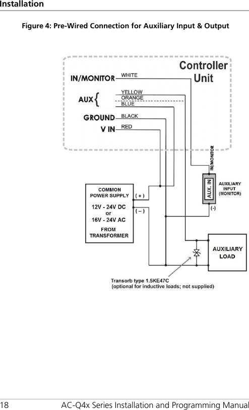 Installation 18 AC-Q4x Series Installation and Programming Manual Figure 4: Pre-Wired Connection for Auxiliary Input &amp; Output  