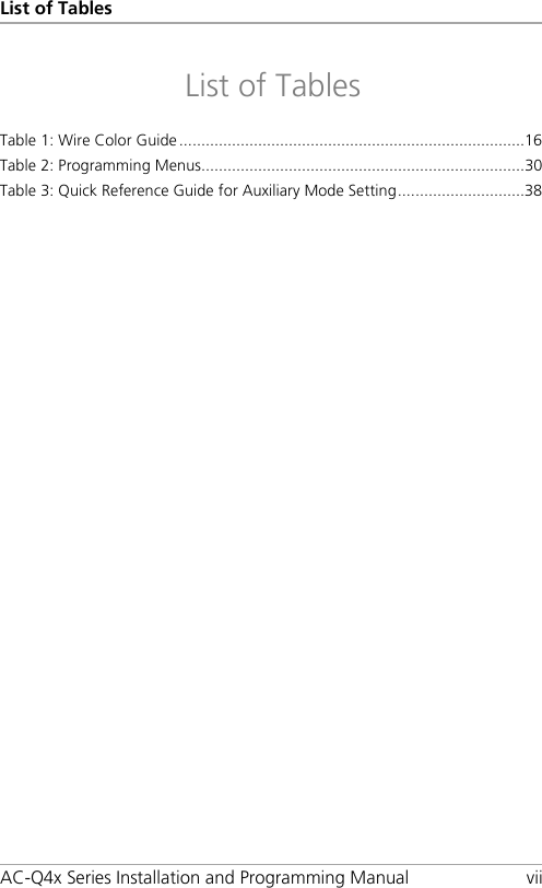 List of Tables AC-Q4x Series Installation and Programming Manual vii List of Tables Table 1: Wire Color Guide ............................................................................... 16 Table 2: Programming Menus.......................................................................... 30 Table 3: Quick Reference Guide for Auxiliary Mode Setting ............................. 38  