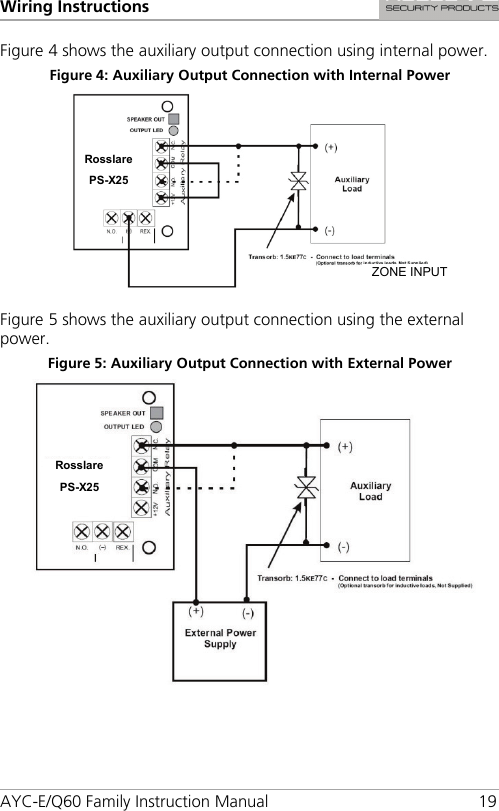 Wiring Instructions AYC-E/Q60 Family Instruction Manual 19 Figure 4 shows the auxiliary output connection using internal power. Figure 4: Auxiliary Output Connection with Internal Power   Figure 5 shows the auxiliary output connection using the external power. Figure 5: Auxiliary Output Connection with External Power  Rosslare PS-X25 Rosslare PS-X25 ZONE INPUT 