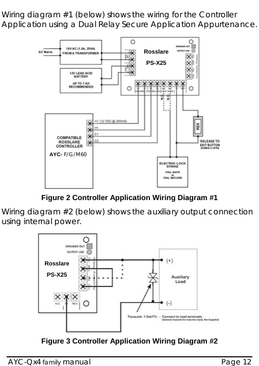  Wiring diagram #1 (below) shows the wiring for the Controller Application using a Dual Relay Secure Application Appurtenance.  RosslarePS-X25AYC- F/G/M60 Figure 2 Controller Application Wiring Diagram #1 Wiring diagram #2 (below) shows the auxiliary output connection using internal power.  Rosslare PS-X25Figure 3 Controller Application Wiring Diagram #2  AYC-Qx4 family manual  Page 12 