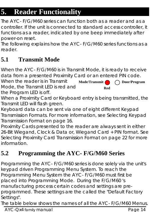   AYC-Qx4 family manual  Page 14 Mode/Transmit Door/ProgramRed5. Reader Functionality The AYC- F/G/M60 series can function both as a reader and as a controller. If the unit is connected to standard access controller, it functions as a reader, indicated by one beep immediately after power-on reset.   The following explains how the AYC- F/G/M60 series functions as a reader. 5.1 Transmit Mode When the AYC- F/G/M60 is in Transmit Mode, it is ready to receive data from a presented Proximity Card or an entered PIN code.  When the reader is in Transmit Mode, the Transmit LED is red and the Program LED is off.  When a Proximity Card or Keyboard entry is being transmitted, the Transmit LED will flash green. Keyboard data can be sent via one of eight different Keypad Transmission Formats. For more information, see Selecting Keypad Transmission Format on page 16.  Proximity Cards presented to the reader are always sent in either 26-Bit Wiegand, Clock &amp; Data or, Wiegand Card + PIN format. See Selecting Proximity Card Transmission Format on page 22 for more information. 5.2 Programming the AYC- F/G/M60 Series Programming the AYC- F/G/M60 series is done solely via the unit&apos;s keypad driven Programming Menu System. To reach the Programming Menu System the AYC- F/G/M60 must first be placed into Programming Mode.  During the F/G/M60 &apos;s manufacturing process certain codes and settings are pre-programmed. These settings are the called the &quot;Default Factory Settings&quot;. The table below shows the names of all the AYC- F/G/M60 Menus. 