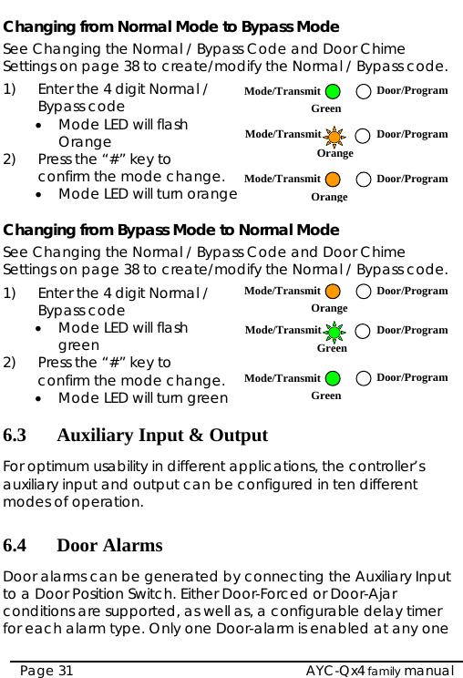   AYC-Qx4 family manual Page 31 Changing from Normal Mode to Bypass Mode See Changing the Normal / Bypass Code and Door Chime Settings on page 38 to create/modify the Normal / Bypass code. 1)  Enter the 4 digit Normal / Bypass code  • Mode LED will flash Orange 2)  Press the “#” key to confirm the mode change. • Mode LED will turn orange  Changing from Bypass Mode to Normal Mode See Changing the Normal / Bypass Code and Door Chime Settings on page 38 to c1)  Enter the 4 digit Normal /Bypass coreate/modify the Normal / Bypass code.  de  e mode change. put , the controller’s gured in ten different s erated by connecting the Auxiliary Input  Either Door-Forced or Door-Ajar y one • Mode LED will flash green 2)  Press the “#” key to confirm th• Mode LED will turn green  6.3 Auxiliary Input &amp; OutFor optimum usability in different applicationsauxiliary input and output can be confimodes of operation.  6.4 Door AlarmDoor alarms can be gento a Door Position Switch.conditions are supported, as well as, a configurable delay timer for each alarm type. Only one Door-alarm is enabled at anMode/Transmit Door/ProgramGreen Mode/Transmit Door/ProgramOrange  Mode/Transmit Door/ProgramOrange  Mode/Transmit Door/ProgramGreen  Mode/Transmit Door/ProgramGreen Mode/Transmit Door/ProgramOrange  
