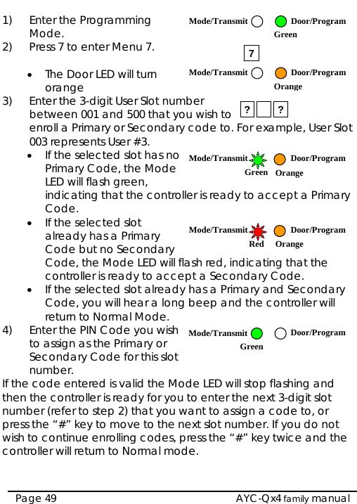  1) Enter the Programming Mode.  AYC-Qx4 family manual Page 49 2)  Press 7 to enter Menu 7.  • The Door LED will turn orange er the 3-di3)  Ent git User Slot number between 001 and 500 that you wish to enroll a Primary or Secondary code to. For example, User Slot 003 represents User #3. • If the selected slot has no Primary Code, the Mode LED will flash green, indicating that the controller is ready to accept a Primary Code. • If the selected slot already has a Primary Code but no Secondary Code, the Mode LED will flash red, indicating that the controller is ready to accept a Secondary Code. • If the selected slot already has a Primary and Secondary Code, you will hear a long beep and the controller will return to Normal Mode. er the PIN Code you wish4)  Ent  to assign as the Primary or Secondary Code for this slot number. If the code entered is valid the Mode LED will stop flashing and then the controller is ready for you to enter the next 3-digit slot number (refer to step 2) that you want to assign a code to, or press the “#” key to move to the next slot number. If you do not wish to continue enrolling codes, press the “#” key twice and the controller will return to Normal mode. 7?? Mode/Transmit Door/Program Orange Mode/Transmit Door/ProgramGreen Mode/Transmit Door/ProgramGreen Orange Mode/Transmit Door/Program  Red Orange Mode/Transmit Door/ProgramGreen  