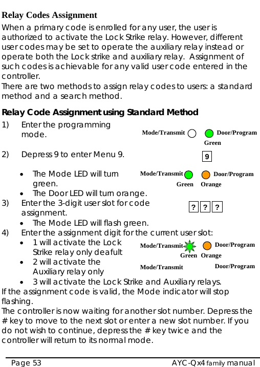  Relay Codes Assignment When a primary code is enrolled for any user, the user is authorized to activate the Lock Strike relay. However, different user codes may be set to operate the auxiliary relay instead or operate both the Lock strike and auxiliary relay.  Assignment of such codes is achievable for any valid user code entered in the controller.  There are two methods to assign relay codes to users: a standard method and a search method. Relay Code Assignment using Standard Method   AYC-Qx4 family manual Page 53 1) Enter the programming mode.  Mode/Transmit Door/ProgramGreen  2)  Depress 9 to enter Menu 9.   9  • The Mode LED will turn green.  Mode/Transmit Door/Program Green Orange • The Door LED will turn orange. 3)  Enter the 3-digit user slot for code assignment.  ? ? ? • The Mode LED will flash green.    4)  Enter the assignment digit for the current user slot: • 1 will activate the Lock Strike relay only deafult  Mode/Transmit Mode/TransmitDoor/Program Door/ProgramGreen Orange • 2 will activate the Auxiliary relay only • 3 will activate the Lock Strike and Auxiliary relays. If the assignment code is valid, the Mode indicator will stop flashing. The controller is now waiting for another slot number. Depress the # key to move to the next slot or enter a new slot number. If you do not wish to continue, depress the # key twice and the controller will return to its normal mode. 