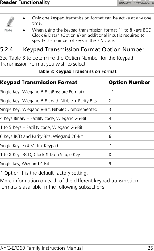 Reader Functionality AYC-E/Q60 Family Instruction Manual 25  • Only one keypad transmission format can be active at any one time. • When using the keypad transmission format &quot;1 to 8 keys BCD, Clock &amp; Data&quot; (Option 8) an additional input is required to specify the number of keys in the PIN code. 5.2.4 Keypad Transmission Format Option Number See Table 3 to determine the Option Number for the Keypad Transmission Format you wish to select. Table 3: Keypad Transmission Format Keypad Transmission Format Option Number Single Key, Wiegand 6-Bit (Rosslare Format) 1* Single Key, Wiegand 6-Bit with Nibble + Parity Bits  2 Single Key, Wiegand 8-Bit, Nibbles Complemented  3 4 Keys Binary + Facility code, Wiegand 26-Bit  4 1 to 5 Keys + Facility code, Wiegand 26-Bit 5 6 Keys BCD and Parity Bits, Wiegand 26-Bit  6 Single Key, 3x4 Matrix Keypad  7 1 to 8 Keys BCD, Clock &amp; Data Single Key  8 Single key, Wiegand 4-Bit  9 * Option 1 is the default factory setting. More information on each of the different keypad transmission formats is available in the following subsections. 