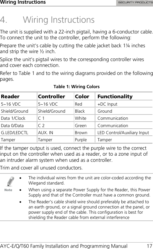 Wiring Instructions AYC-E/Q/T60 Family Installation and Programming Manual 17 4. Wiring Instructions The unit is supplied with a 22-inch pigtail, having a 6-conductor cable. To connect the unit to the controller, perform the following: Prepare the unit&apos;s cable by cutting the cable jacket back 1¼ inches and strip the wire ½ inch. Splice the unit’s pigtail wires to the corresponding controller wires and cover each connection. Refer to Table 1 and to the wiring diagrams provided on the following pages. Table 1: Wiring Colors Reader Controller  Color Functionality 5~16 VDC 5~16 VDC Red +DC Input Shield/Ground  Shield/Ground Black Ground Data 1/Clock C 1 White Communication Data 0/Data C 2  Green  Communication G.LED/LEDCTL  AUX. IN Brown LED Control/Auxiliary Input Tamper  Tamper  Purple  Tamper If the tamper output is used, connect the purple wire to the correct input on the controller when used as a reader, or to a zone input of an intruder alarm system when used as a controller. Trim and cover all unused conductors.  • The individual wires from the unit are color-coded according the Wiegand standard. • When using a separate Power Supply for the Reader, this Power Supply and that of the Controller must have a common ground. • The Reader’s cable shield wire should preferably be attached to an earth ground, or a signal ground connection at the panel, or power supply end of the cable. This configuration is best for shielding the Reader cable from external interference 