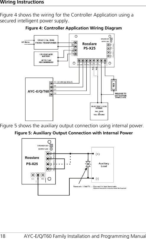 Wiring Instructions 18 AYC-E/Q/T60 Family Installation and Programming Manual Figure 4 shows the wiring for the Controller Application using a secured intelligent power supply. Figure 4: Controller Application Wiring Diagram  Figure 5 shows the auxiliary output connection using internal power. Figure 5: Auxiliary Output Connection with Internal Power   Rosslare PS-X25 Rosslare PS-X25 AYC–E/Q/T60 