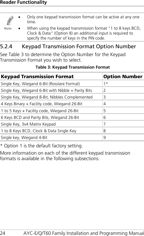 Reader Functionality 24 AYC-E/Q/T60 Family Installation and Programming Manual  • Only one keypad transmission format can be active at any one time. • When using the keypad transmission format &quot;1 to 8 keys BCD, Clock &amp; Data&quot; (Option 8) an additional input is required to specify the number of keys in the PIN code. 5.2.4 Keypad Transmission Format Option Number See Table 3 to determine the Option Number for the Keypad Transmission Format you wish to select. Table 3: Keypad Transmission Format Keypad Transmission Format Option Number Single Key, Wiegand 6-Bit (Rosslare Format) 1* Single Key, Wiegand 6-Bit with Nibble + Parity Bits  2 Single Key, Wiegand 8-Bit, Nibbles Complemented  3 4 Keys Binary + Facility code, Wiegand 26-Bit  4 1 to 5 Keys + Facility code, Wiegand 26-Bit 5 6 Keys BCD and Parity Bits, Wiegand 26-Bit  6 Single Key, 3x4 Matrix Keypad  7 1 to 8 Keys BCD, Clock &amp; Data Single Key  8 Single key, Wiegand 4-Bit  9 * Option 1 is the default factory setting. More information on each of the different keypad transmission formats is available in the following subsections. 