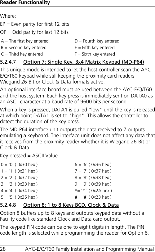 Reader Functionality 28 AYC-E/Q/T60 Family Installation and Programming Manual Where: EP = Even parity for first 12 bits OP = Odd parity for last 12 bits A = The first key entered. D = Fourth key entered B = Second key entered E = Fifth key entered C = Third key entered F = Sixth key entered 5.2.4.7 Option 7: Single Key, 3x4 Matrix Keypad (MD-P64) This unique mode is intended to let the host controller scan the AYC-E/Q/T60 keypad while still keeping the proximity card readers Wiegand 26-Bit or Clock &amp; Data formats active. An optional interface board must be used between the AYC-E/Q/T60 and the host system. Each key press is immediately sent on DATA0 as an ASCII character at a baud rate of 9600 bits per second. When a key is pressed, DATA1 is pulled &quot;low&quot; until the key is released at which point DATA1 is set to &quot;high&quot;. This allows the controller to detect the duration of the key press. The MD-P64 interface unit outputs the data received to 7 outputs emulating a keyboard. The interface unit does not affect any data that it receives from the proximity reader whether it is Wiegand 26-Bit or Clock &amp; Data. Key pressed = ASCII Value 0 = &apos;0&apos; ( 0x30 hex ) 6 = &apos;6&apos; ( 0x36 hex ) 1 = &apos;1&apos; ( 0x31 hex ) 7 = &apos;7&apos; ( 0x37 hex ) 2 = &apos;2&apos; ( 0x32 hex ) 8 = &apos;8&apos; ( 0x38 hex ) 3 = &apos;3&apos; ( 0x33 hex ) 9 = &apos;9&apos; ( 0x39 hex ) 4 = &apos;4&apos; ( 0x34 hex ) *= &apos;* &apos; ( 0x2A hex ) 5 = &apos;5&apos; ( 0x35 hex ) # = &apos;#&apos; ( 0x23 hex ) 5.2.4.8 Option 8: 1 to 8 Keys BCD, Clock &amp; Data Option 8 buffers up to 8 keys and outputs keypad data without a Facility code like standard Clock and Data card output. The keypad PIN code can be one to eight digits in length. The PIN code length is selected while programming the reader for Option 8. 