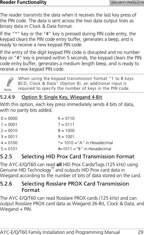 Reader Functionality AYC-E/Q/T60 Family Installation and Programming Manual 29 The reader transmits the data when it receives the last key press of the PIN code. The data is sent across the two data output lines as binary data in Clock &amp; Data format. If the &quot;*&quot; key or the &quot;#&quot; key is pressed during PIN code entry, the keypad clears the PIN code entry buffer, generates a beep, and is ready to receive a new keypad PIN code. If the entry of the digit keypad PIN code is disrupted and no number key or &quot;#&quot; key is pressed within 5 seconds, the keypad clears the PIN code entry buffer, generates a medium length beep, and is ready to receive a new keypad PIN code.  When using the keypad transmission format &quot;1 to 8 keys BCD, Clock &amp; Data&quot; (Option 8), an additional input is required to specify the number of keys in the PIN code. 5.2.4.9 Option 9: Single Key, Wiegand 4-Bit With this option, each key press immediately sends 4 bits of data, with no parity bits added. 0 = 0000  6 = 0110 1 = 0001   7 = 0111 2 = 0010   8 = 1000 3 = 0011  9 = 1001 4 = 0100   *= 1010 =&quot;A&quot; in Hexadecimal 5 = 0101  #=1011 =&quot;B&quot; in Hexadecimal 5.2.5 Selecting HID Prox Card Transmission Format The AYC-E/Q/T60 can read all HID Prox Cards/Tags (125 kHz) using Genuine HID Technology™ and outputs HID Prox card data in Wiegand according to the number of bits of data stored on the card. 5.2.6 Selecting Rosslare PROX Card Transmission Format The AYC-E/Q/T60 can read Rosslare PROX cards (125 kHz) and can output Rosslare PROX card data as Wiegand 26-Bit, Clock &amp; Data, and Wiegand + PIN. 